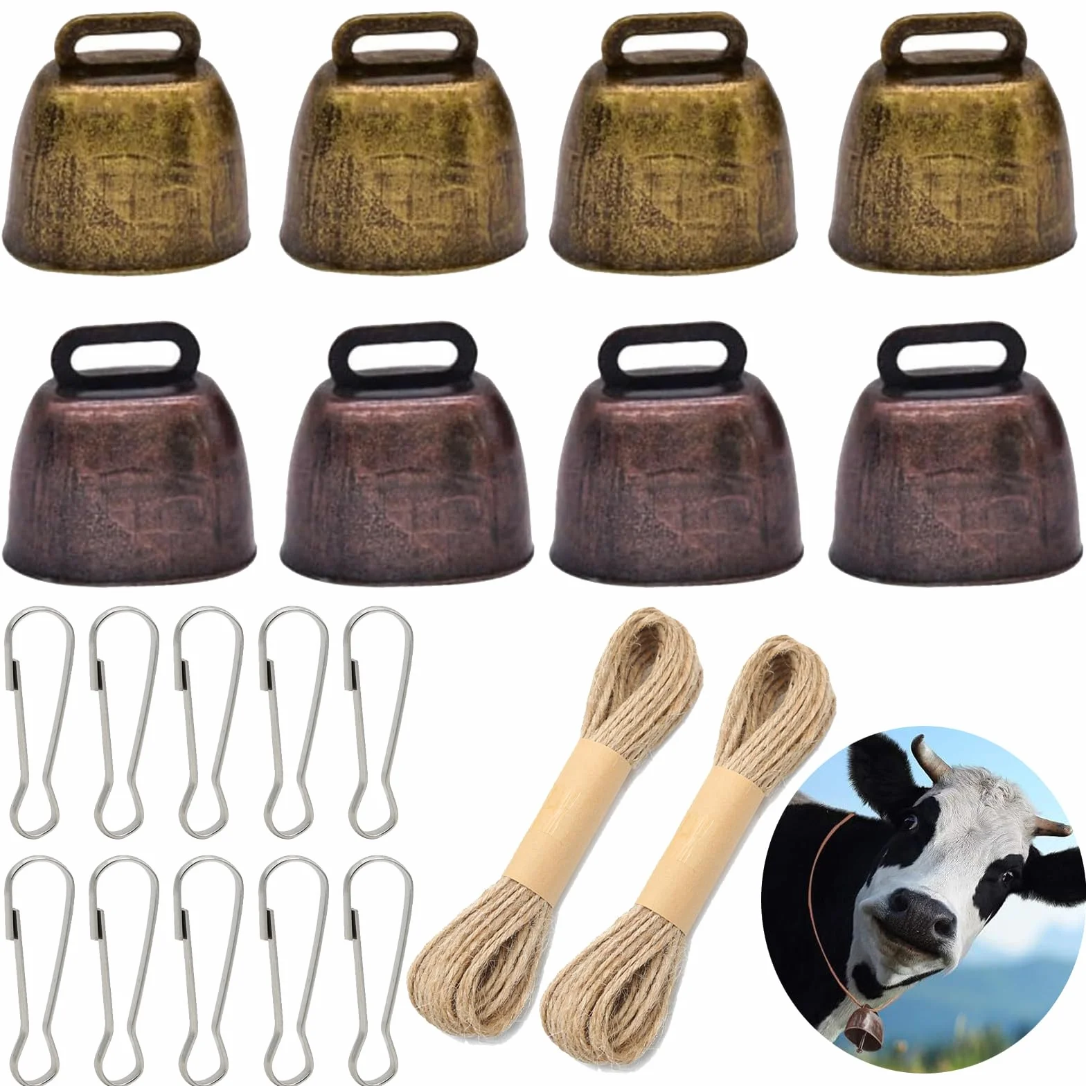 Campana di Rame per Pascolo 8 Pezzi con Fibbie Metalliche e Corda di Canapa per Bovini