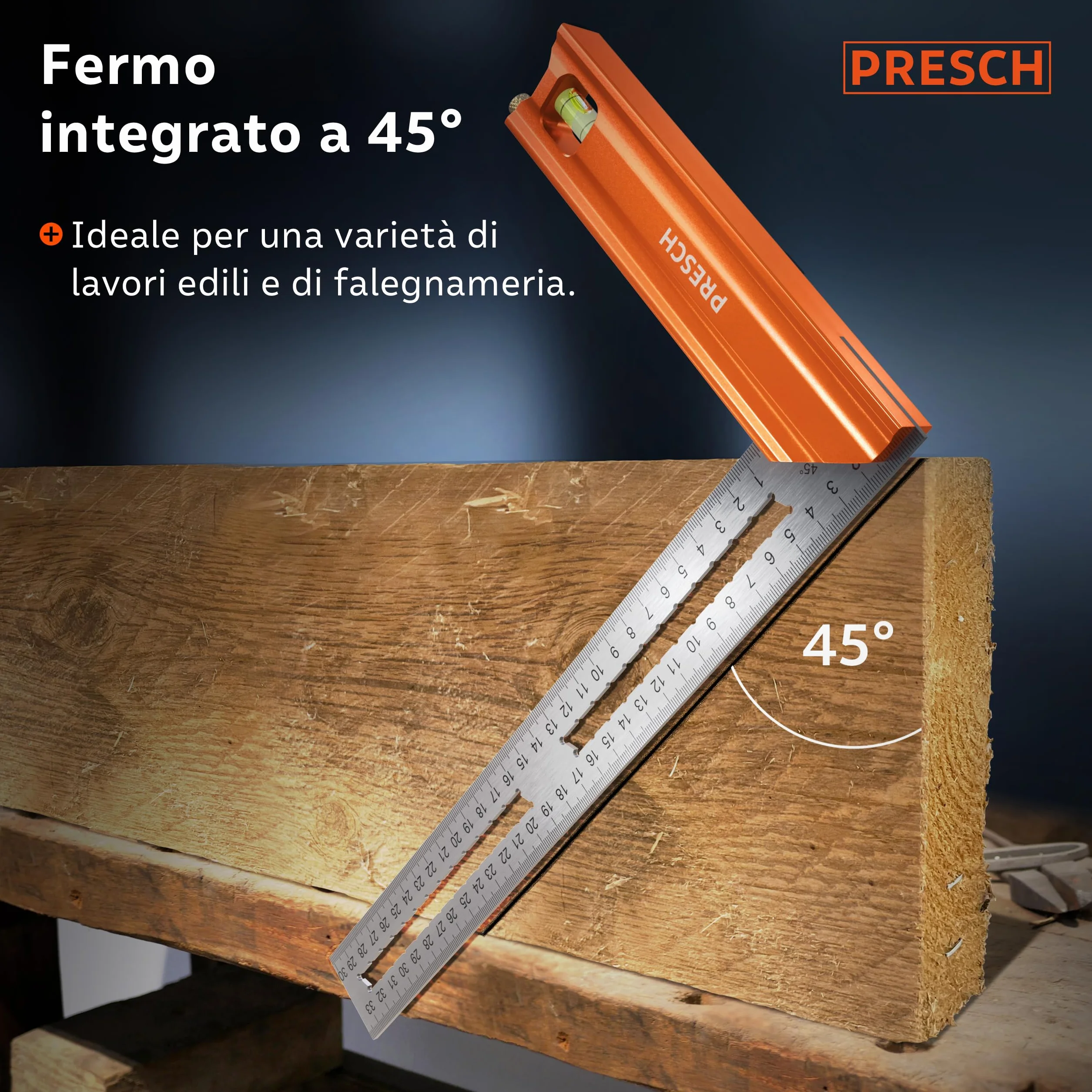 Presch Squadra da 300 mm 90° 45° con bolla di livello e indicatore di marcatura antiruggine