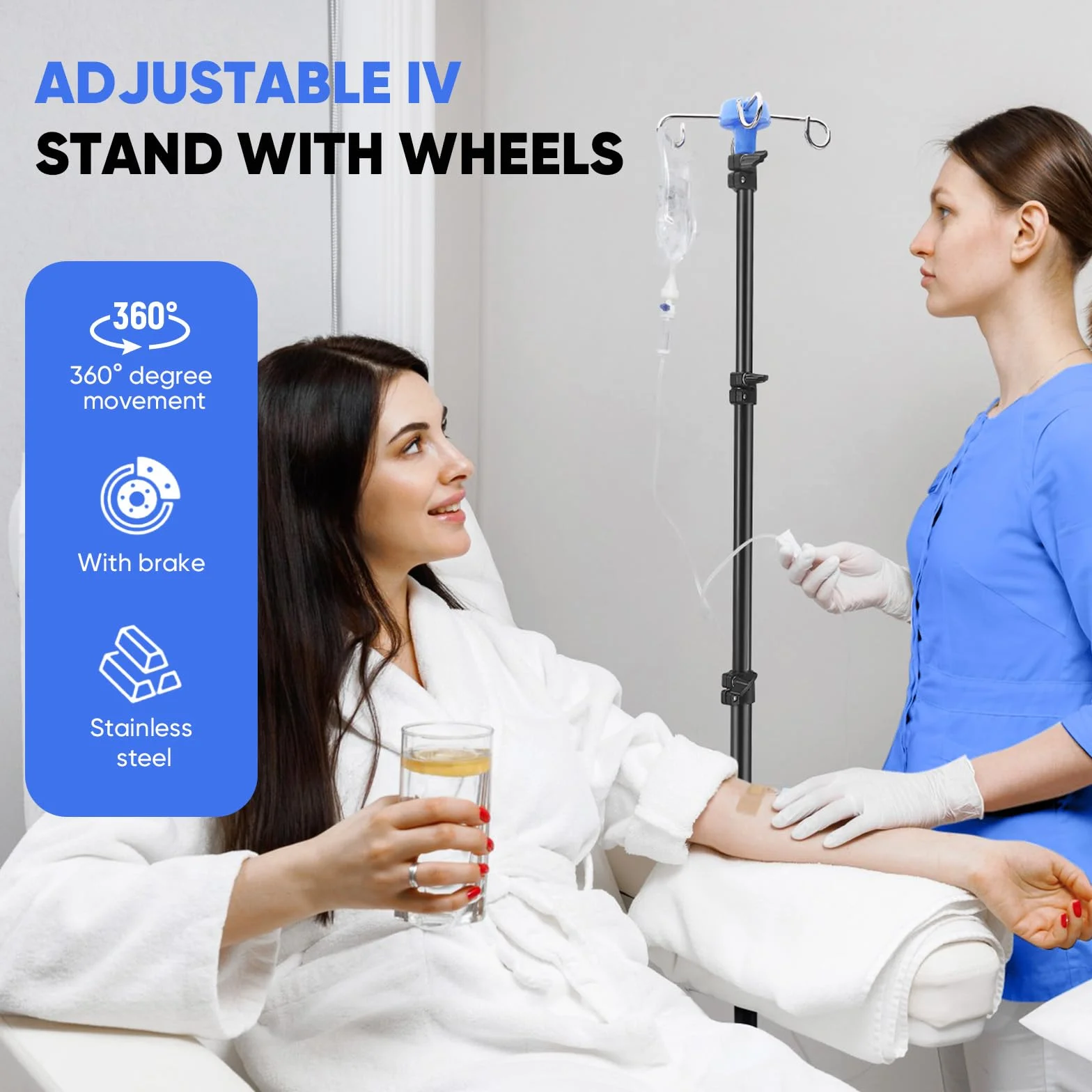 Supporto per Infusione Regolabile con Rotelle, Asta IV Pieghevole, Altezza Regolabile 85-190 Cm, Scolapiatti con 4 Ganci, con Treppiede Stabile, per Ospedale E Cura Domestica