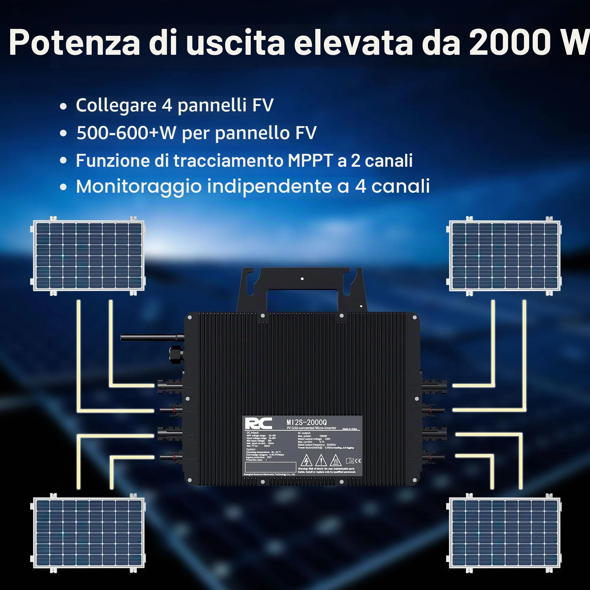 RC Micro inverter 2000 W, ingresso CC 26-60 V, inverter modulo PV, micro convertitore MPPT, Controllo dell’app tramite Wi-Fi