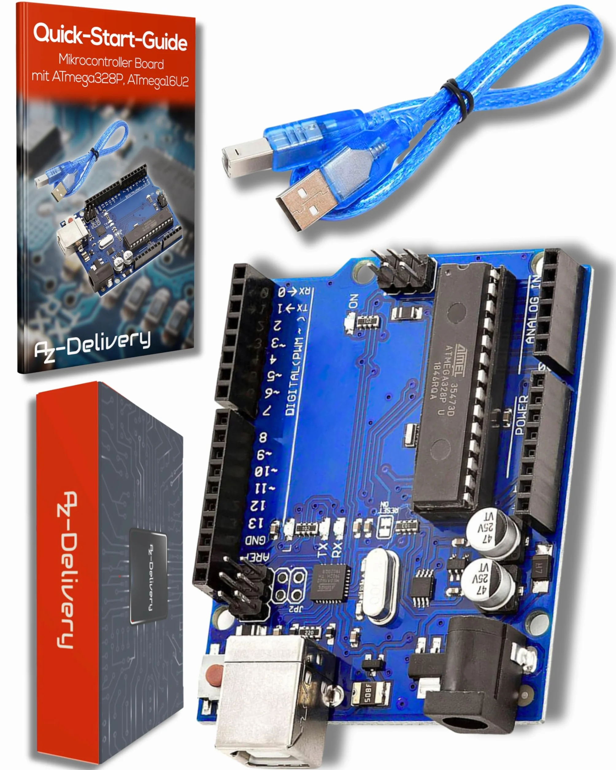 AZDelivery Scheda Microcontrollore AZ-ATmega328DIP-Board typ2 ATmega328P 16U2 con Cavo USB, E-Book incluso!