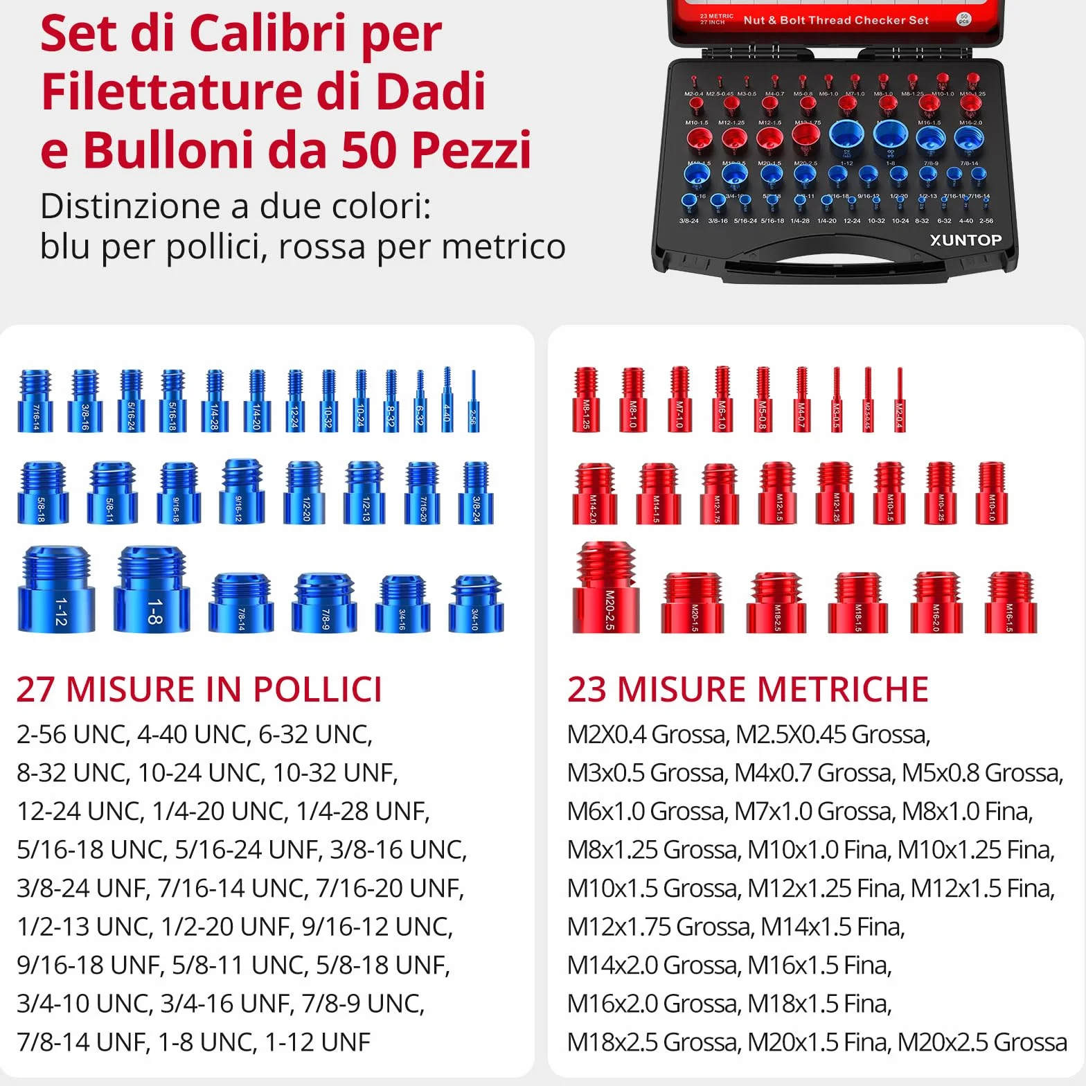 XUNTOP Tester per Filettatura 50 Pezzi Alluminio UNC Metrico 27 Blu 23 Rossi M2-M20