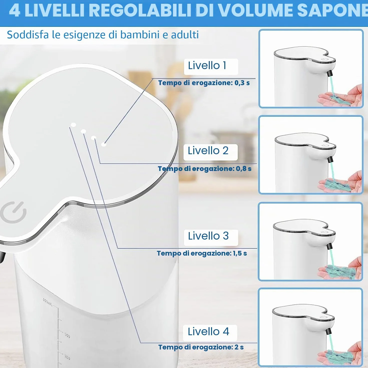 Sapone Liquido Automatico Senza Contatto Ricaricabile 400 ML con Supporto da Parete, 4 Volumi Schiuma Regolabile, Elettrico IPX5 Sensore Movimento Infrarosso, Pulizia Automatica
