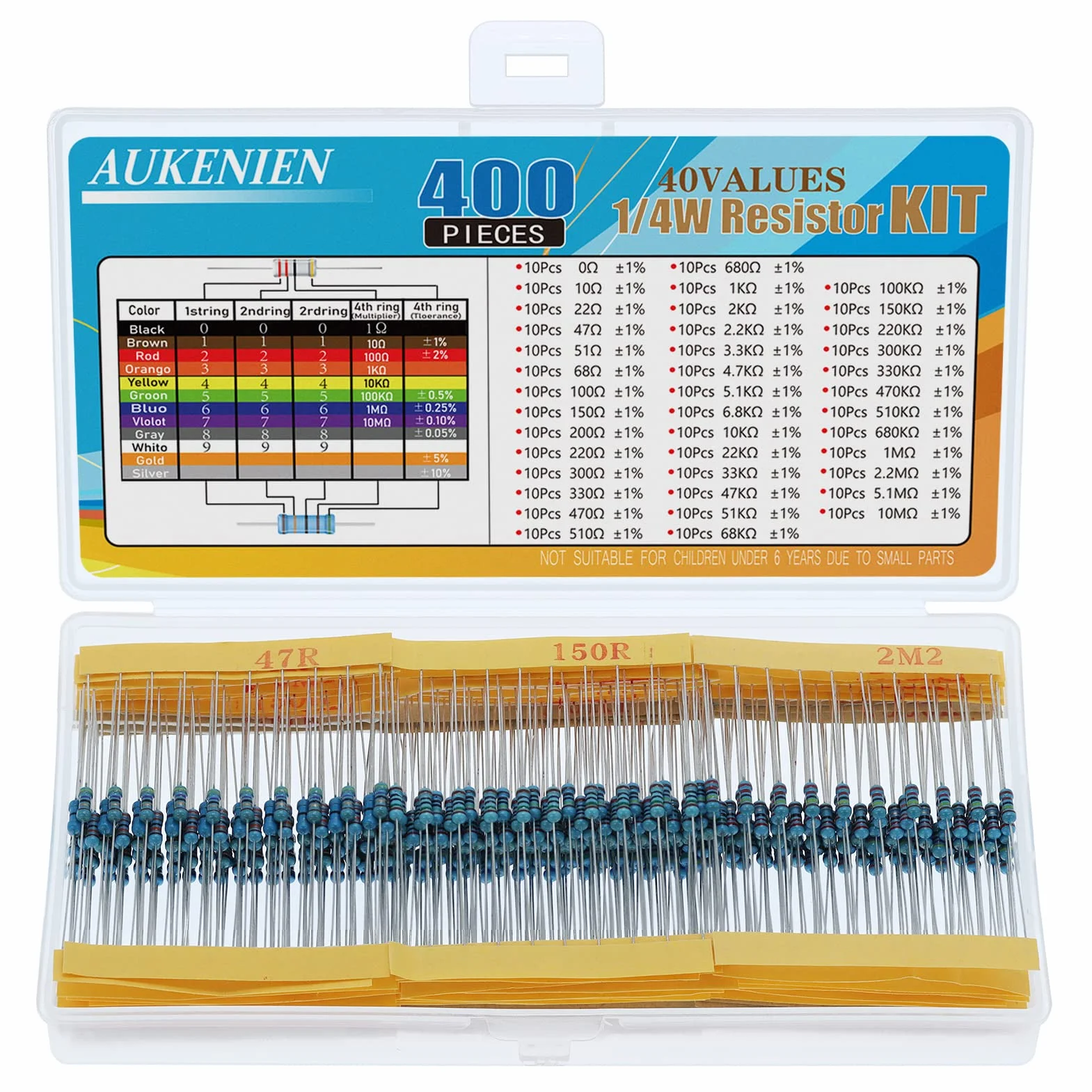 AUKENIEN 1/4W Kit Resistenze Resistori Elettrici 40 Valori 400 pezzi 0 Ohm-10M Ohm Resistenza 1% Metallico Film