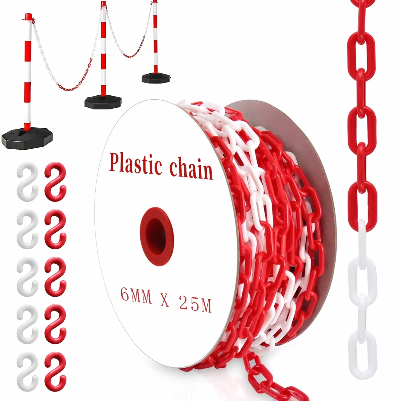 Catena Barriera Plastica Bianco Rosso 25m per Parcheggio con Moschettoni Alta Visibilità