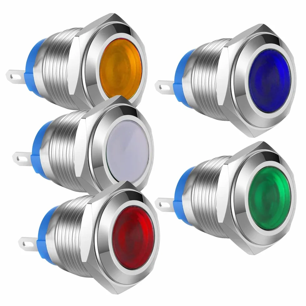 Gebildet 5pcs 16mm AC/DC 12-24V Acciaio Inossidabile Indicatore LED Impermeabile Spia Luminosa(5colori)
