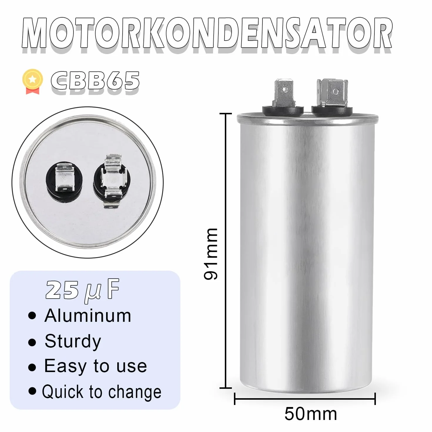 Condensatore motore CBB65 25uF 450V AC 50/60Hz auto-guarigione alloggiamento metallo per aria condizionata