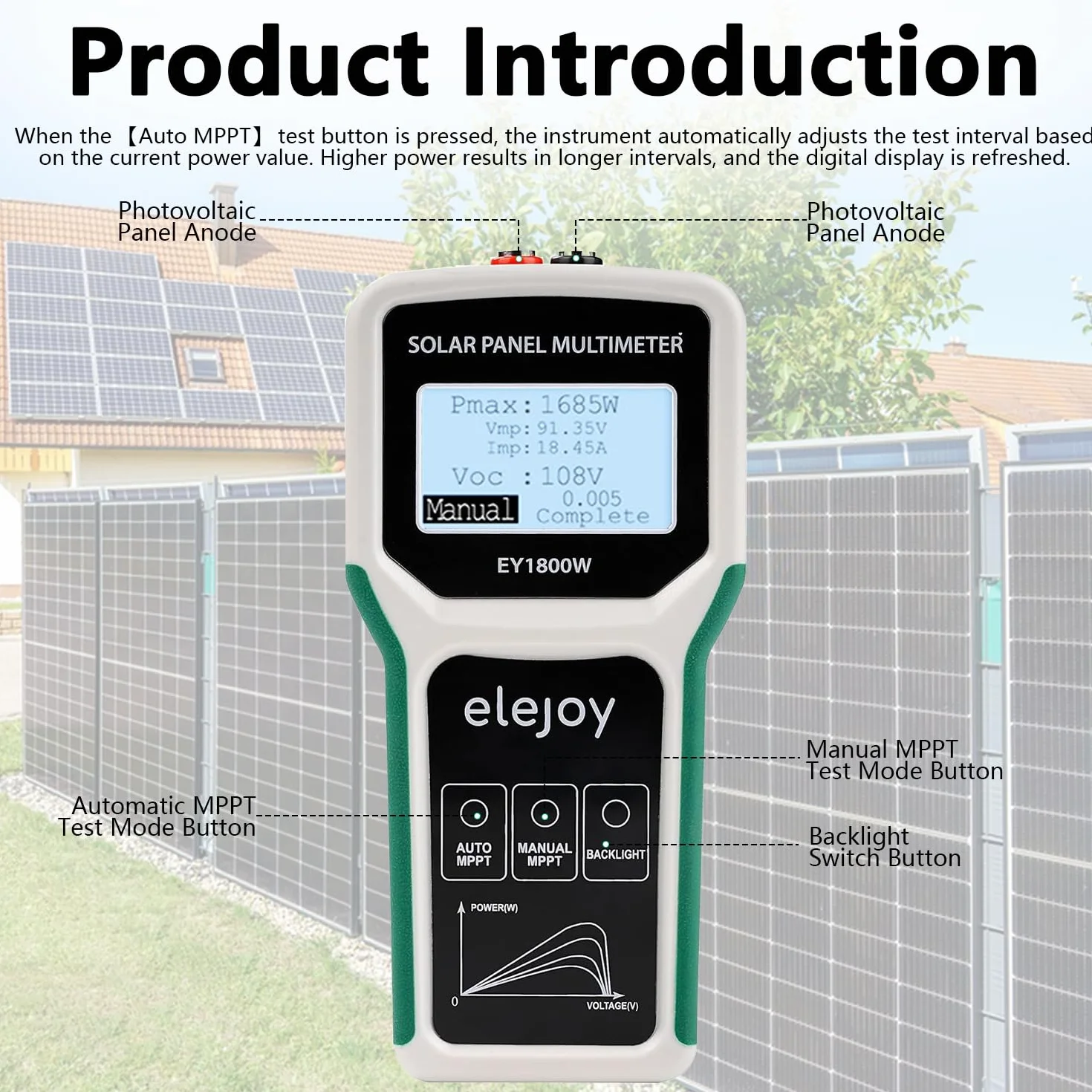 Pannello solare MPPT, 1800 W, pannello fotovoltaico, multimetro con display LCD, tensione a vuoto intelligente e test dei dati per test solari PV, non superiore a DC 20-120 V, 60 A