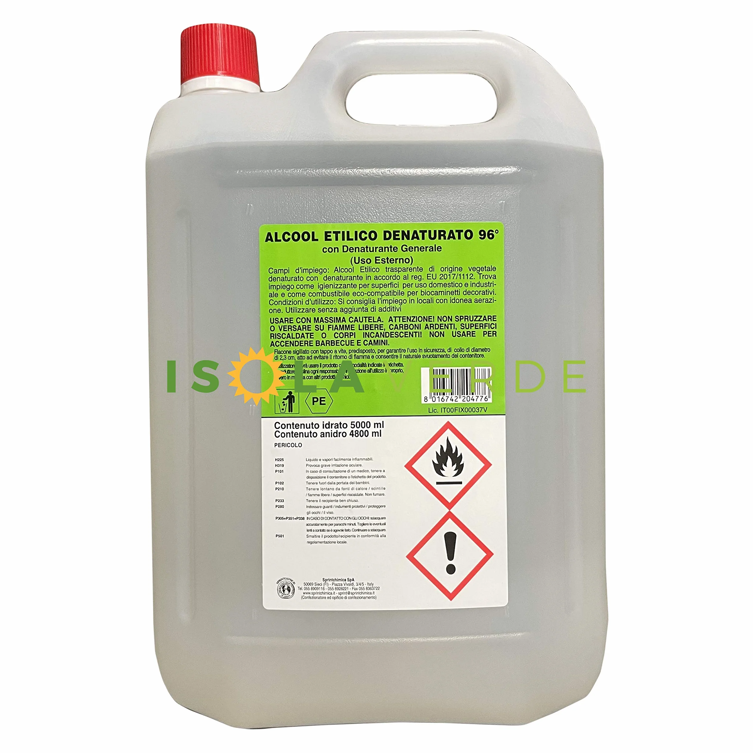 Alcool Etilico 96° Denaturato Bianco 5 LT Disinfettante Puro SPRINTCHIMICA