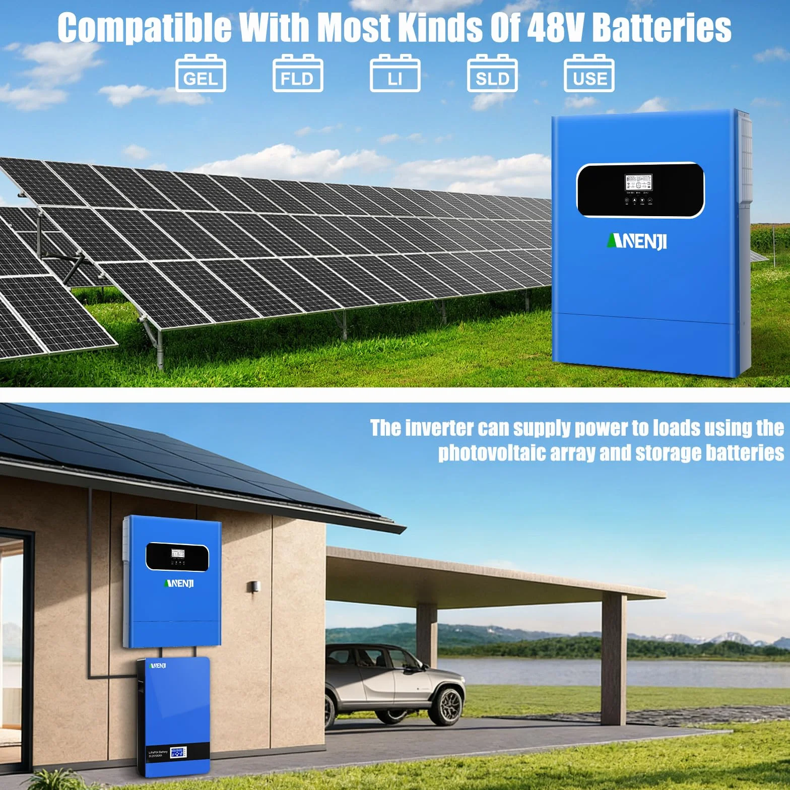 Invertitore ibrido solare da 11000 W, da 48 V CC a 230 V CA, ad onda sinusoidale pura, con MPPT da 160 A, immissione in rete, 2 ingressi PV da 5500 W, funzionamento senza batteria + monitoraggio