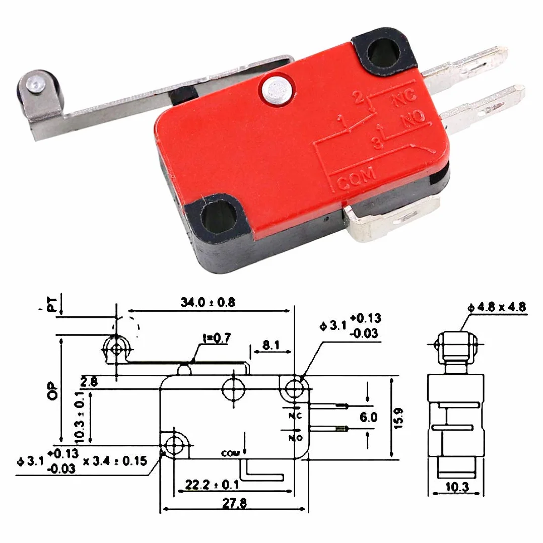 CESFONJER confezione da 8 micro interruttori di finecorsa V-156-1C25, lunga cerniera diritta con rullo a leva, SPDT momentaneo, Mini Interruttore a Levetta, per Arduino