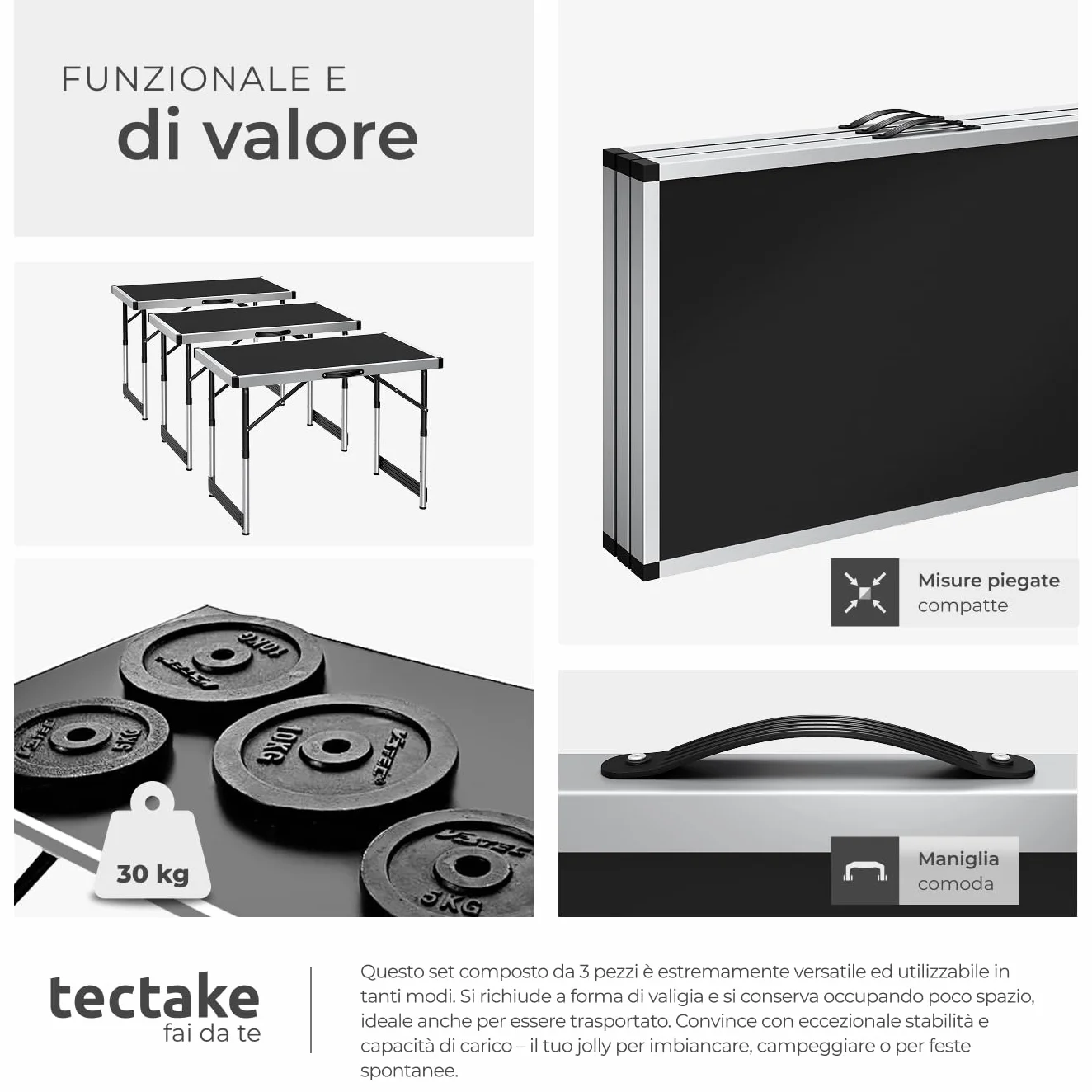 tectake® Tavolo da Lavoro Pieghevole in Alluminio, Multifunzionale, 300x60 cm, Tre Pezzi, Tavoli Pieghevoli da Lavoro, Regolabili, Tappezzeria, Feste, Campeggio, Stabili, Montaggio Rapido, Peso 11 kg