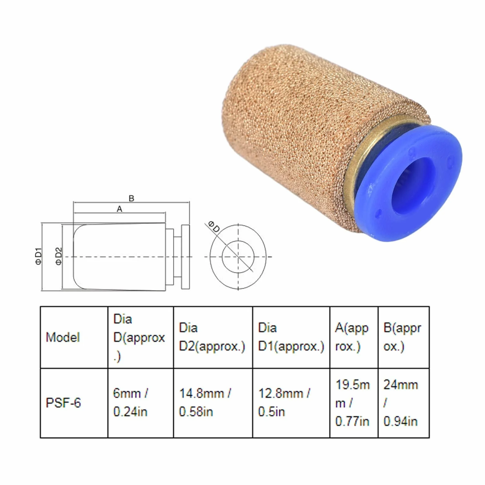 Silenziatori pneumatici 5 pezzi PSF-6 ottone per valvole aria compressa