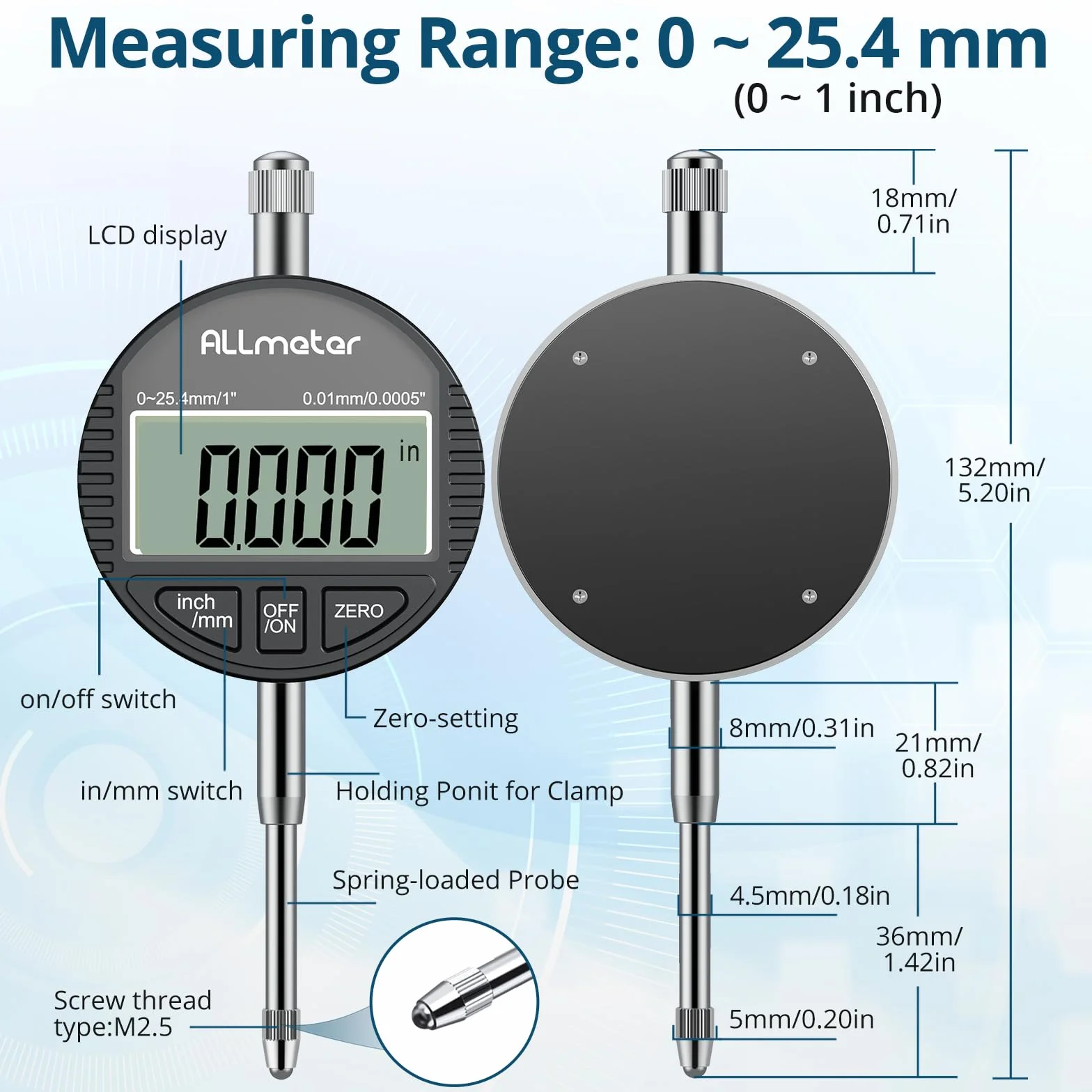 DTI Comparatore Centesimale Digitale con Sonda 0-25.4mm/1'', Risoluzione 0.01mm/0.0005'', Display LCD Retroilluminato, Unità Millimetri e Pollici, Indicatore Elettronico di Precisione - Nero