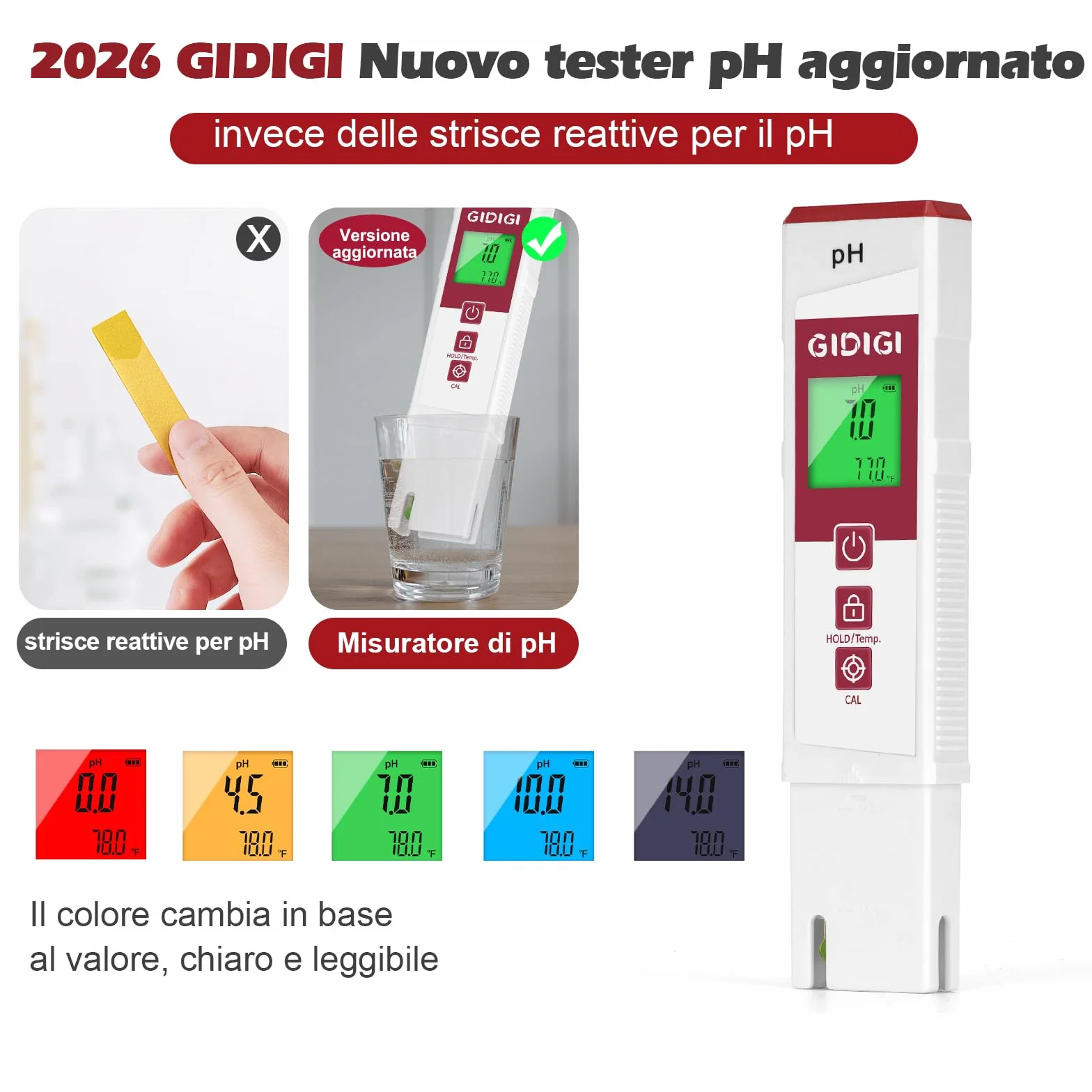 Misuratore di pH per acqua con display a colori, misuratore di pH digitale professionale, kit di calibrazione del pH analizzatore di qualità dell'acqua per piscine, terme, idroponica, acquari e