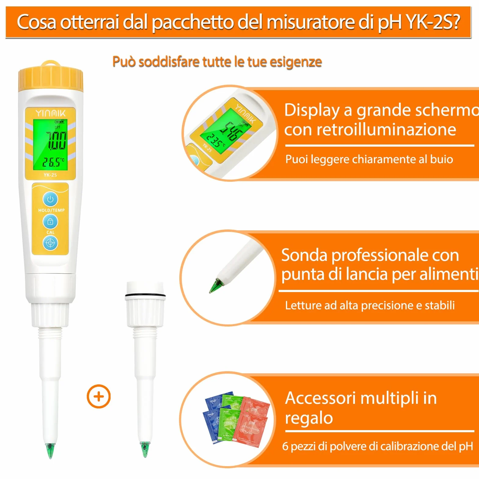 Misuratore pH per Alimenti con Sonda Sostituibile - Phmetro Lievito Madre Digitale per Carne, Impasti, Inscatolamento, Formaggio + Piaccametro per Alimenti - Yinmik Misuratore pH per Acqua e Terreni