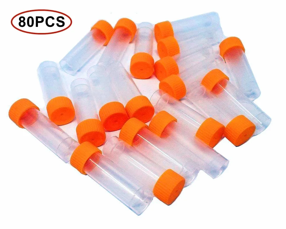 Provette Graduate 5 ml Plastica Trasparente 80 Pezzi con Tappo Arancione