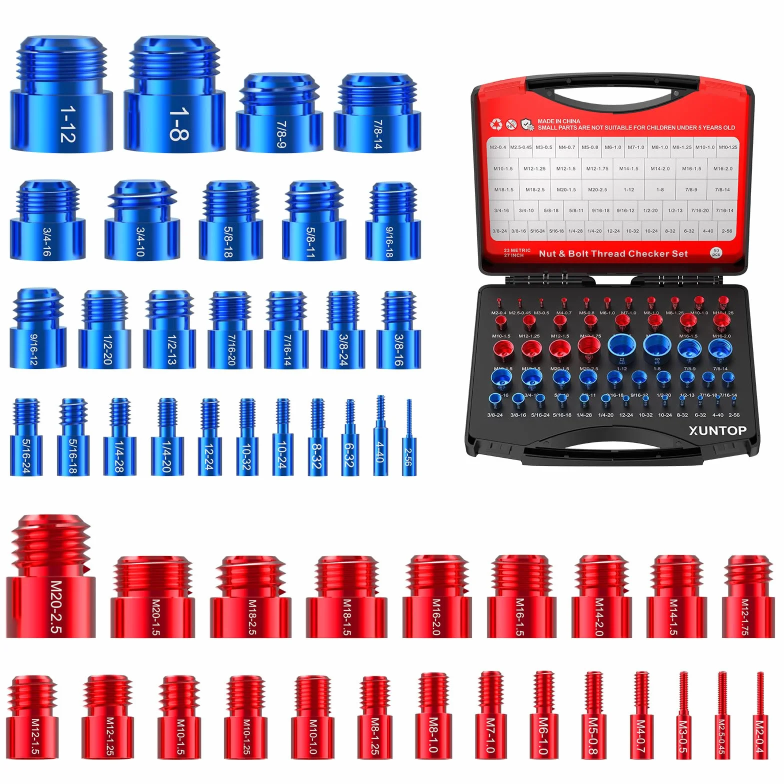 XUNTOP Tester per Filettatura 50 Pezzi Alluminio UNC Metrico 27 Blu 23 Rossi M2-M20