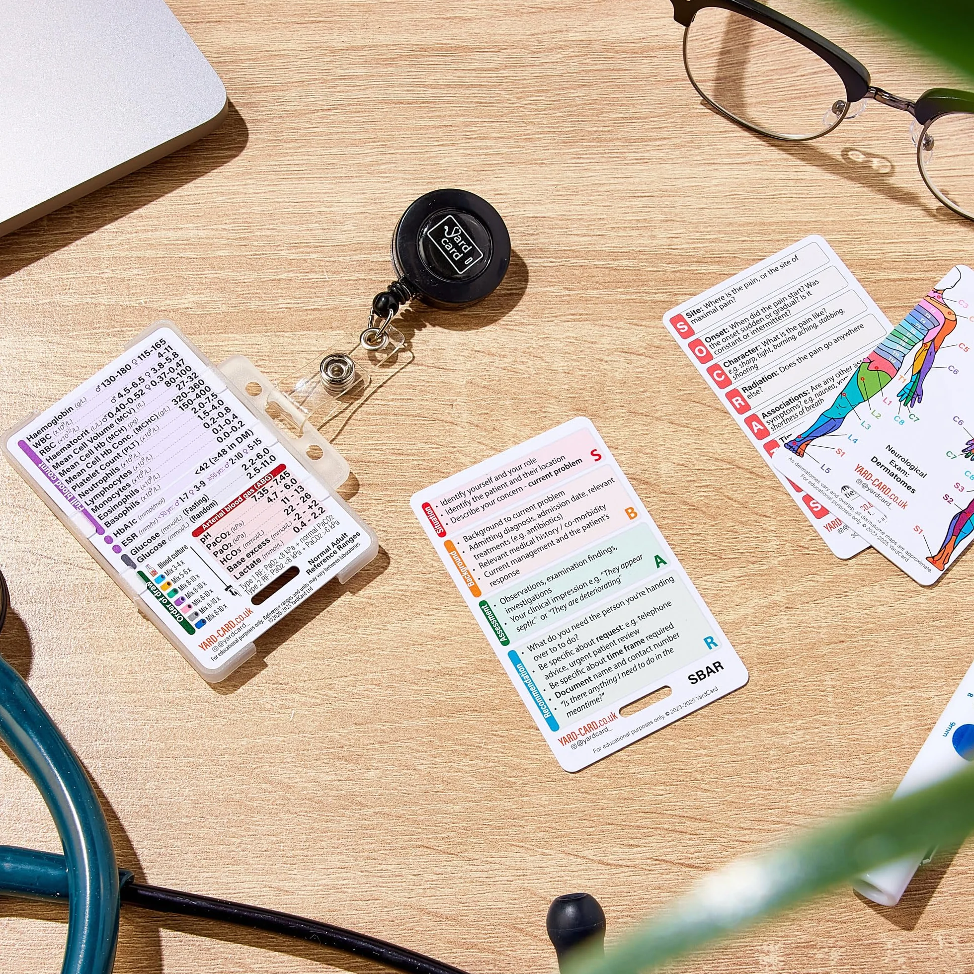 YardCard Set di 12 Carte Essenziali per Cravatta (Dimensione Tessera ID) con Supporto e Bobina Retrattile per Infermieri, Studenti Infermieri, Medici, Paramedici, Studenti di Medicina