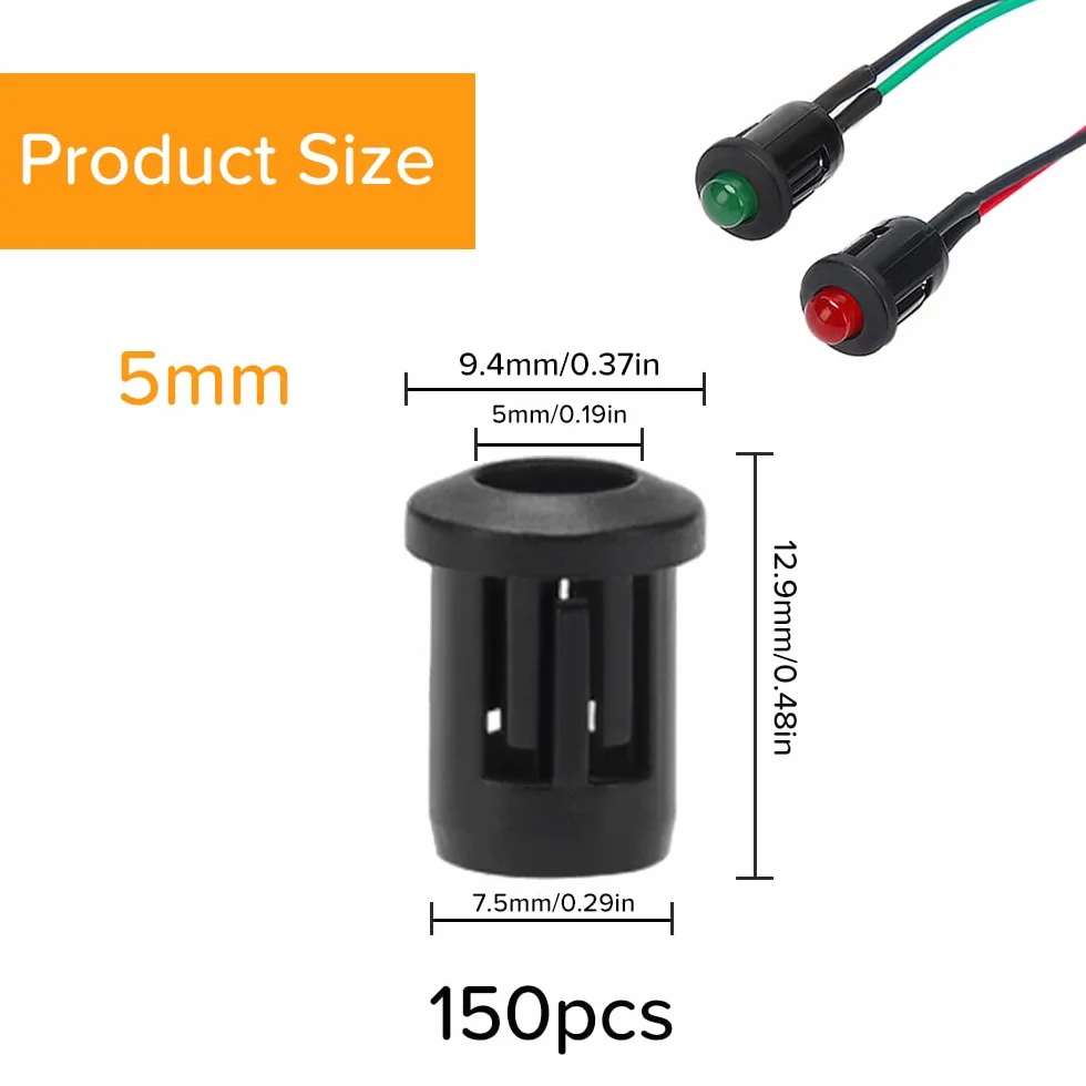 150 Pezzi 5mm Supporto in Plastica del Diodo, Clip da Incasso a LED, LED Porta Clip in Plastica, Portalampada Porta Diodo, Supporto a Diodi Shell Clip Bezel Mount, Nero