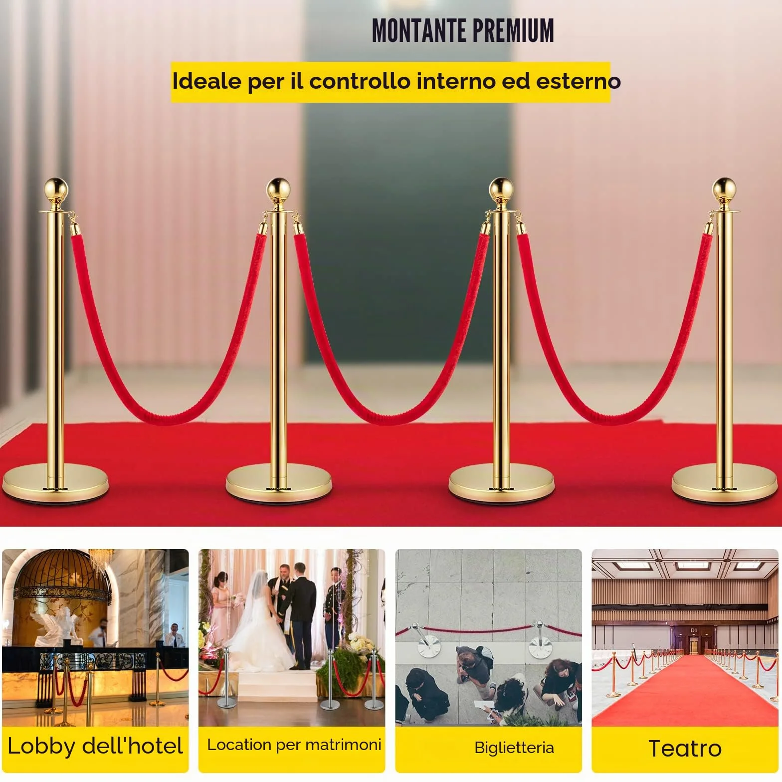 VEVOR Barriera per Il Controllo della Folla con Corda di Velluto Rosso, 4 Pezzi Corda da 1,5 m Barriere di Controllo della Folla Tondo Post Palo per Teatri, Hotel, Casinò, Biglietterie ed Eventi