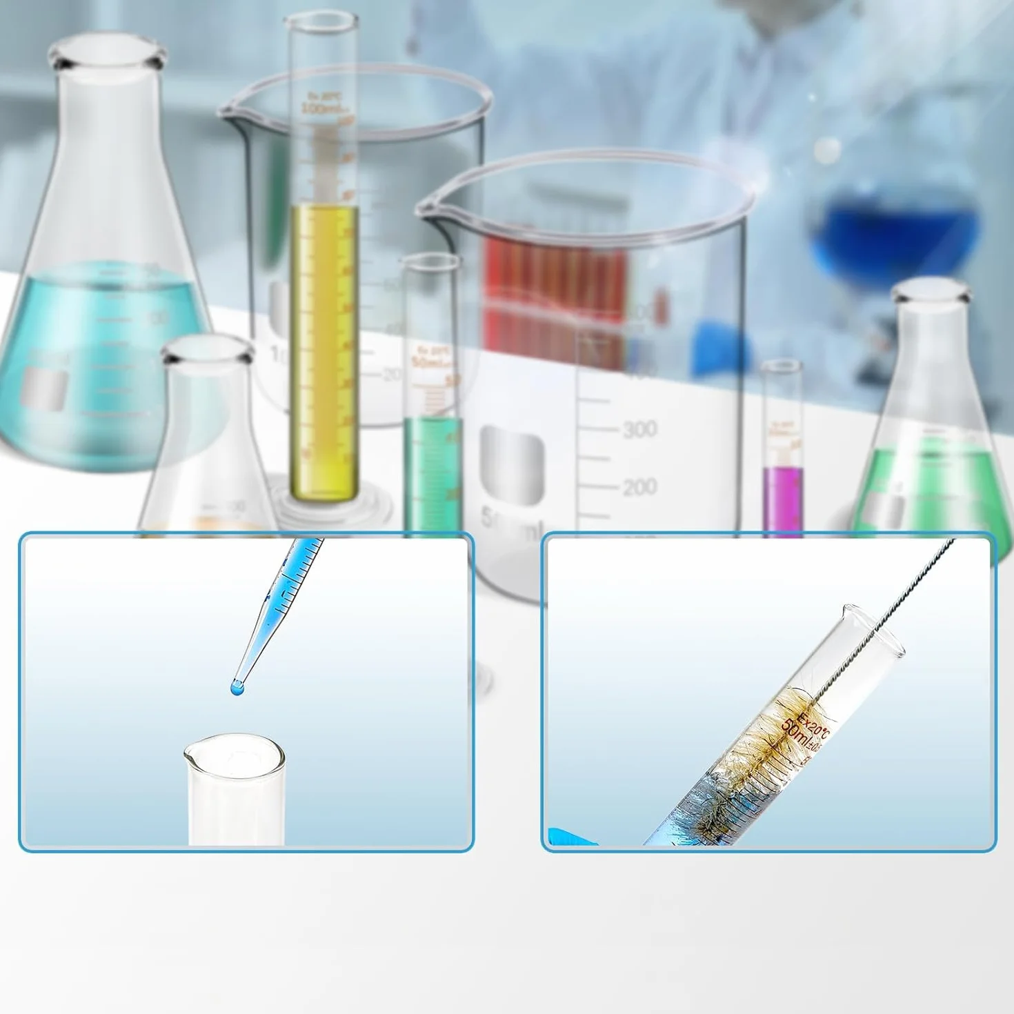 ZEEROQOLAB Zestaw Szkła Laboratoryjnego: 4 Zlewki, 3 Cylindry Miarowe, 3 Kolby Erlenmeyera z Pipetami i Mieszadłami
