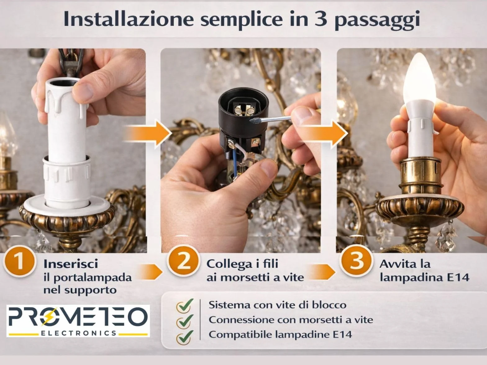 Kit 6 Portalampade E14 Finta Candela Bianca – Copricandela per Lampadari Classici e Vintage – Attacco E14 con Nipplo M10 e Vite di Sicurezza – Altezza 65 mm