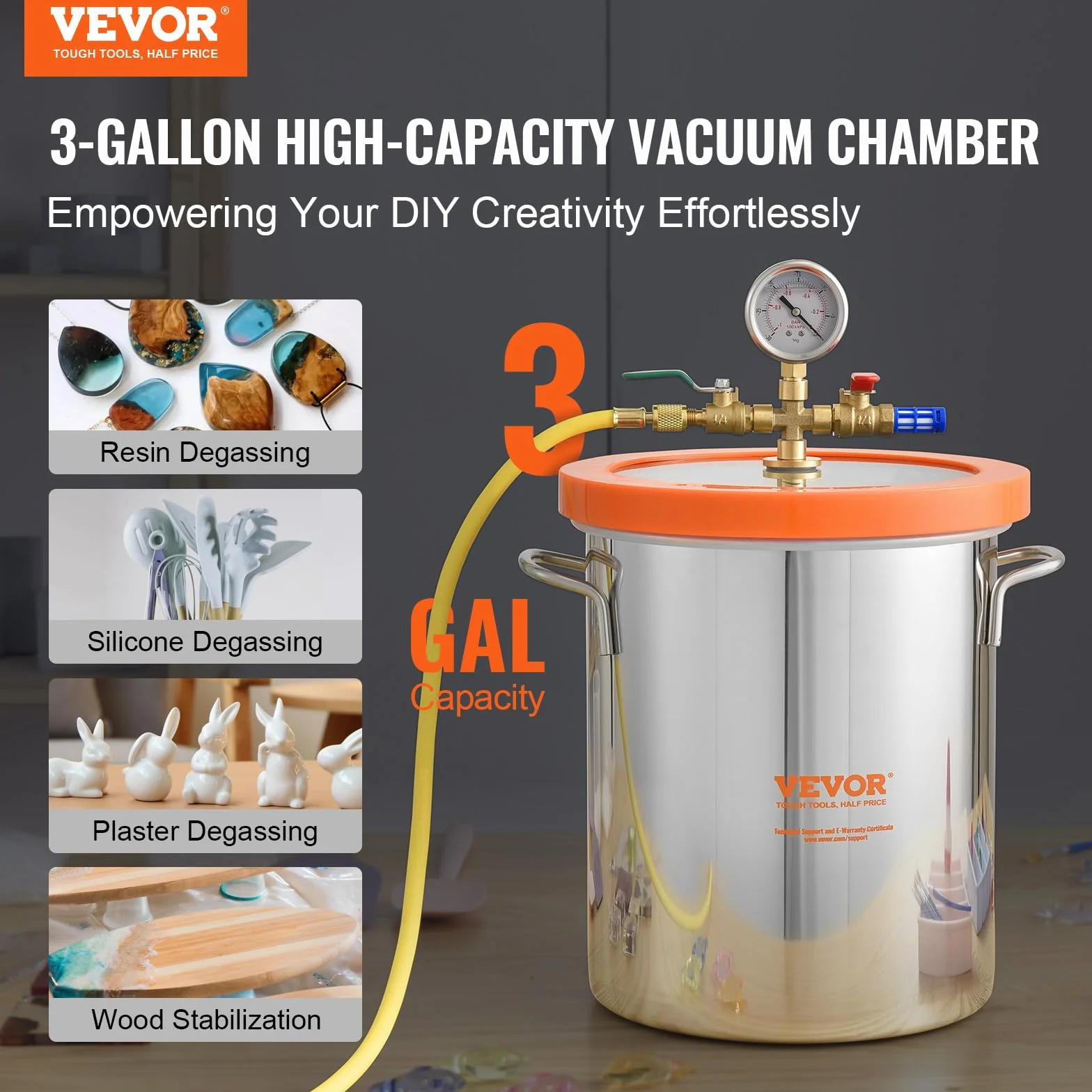 VEVOR Camera a Vuoto da 11,4 L Camera Sottovuoto 3 Gal in Acciaio Inox 304 con Coperchio in Vetro Temperato Camera di Degasaggio Contenitore Vuoto per Degasazione Stabile di Legno Resina Siliconica