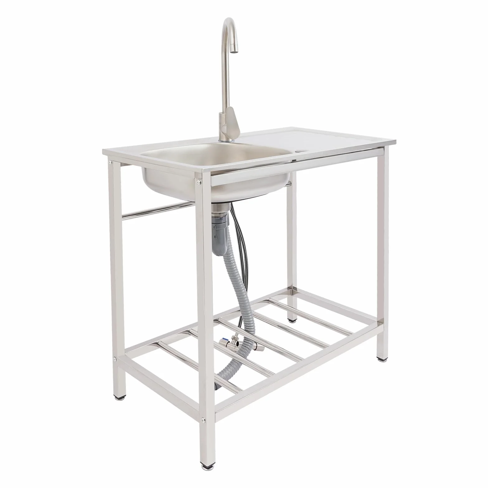 Lavello da esterno autoportante, 1 vasca lavello mobile con rubinetto per acqua calda e fredda e mobiletto sottostante, tavolo lavello in acciaio inox lavello da cucina per ristoranti, caffè