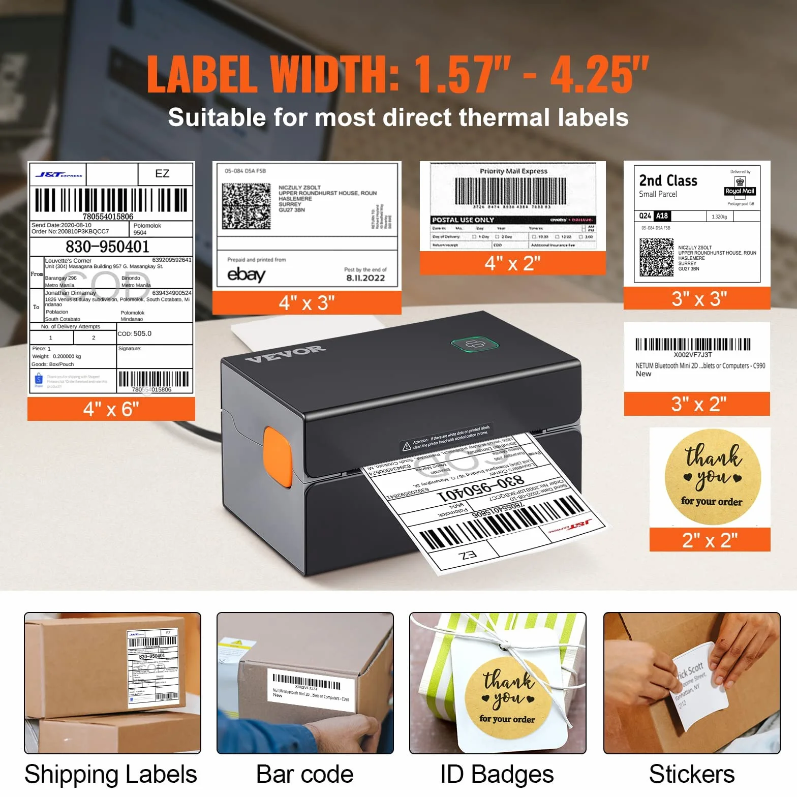 VEVOR Stampante Termica Bluetooth, Stampante per Etichette Edesive 4x6, Etichettatrice Termica Compatibile a Windows/MAC OS/Linux/Chromebook, Supporta DHL, USPS, FedEx, Shopify, Ebay, Amazon ecc.