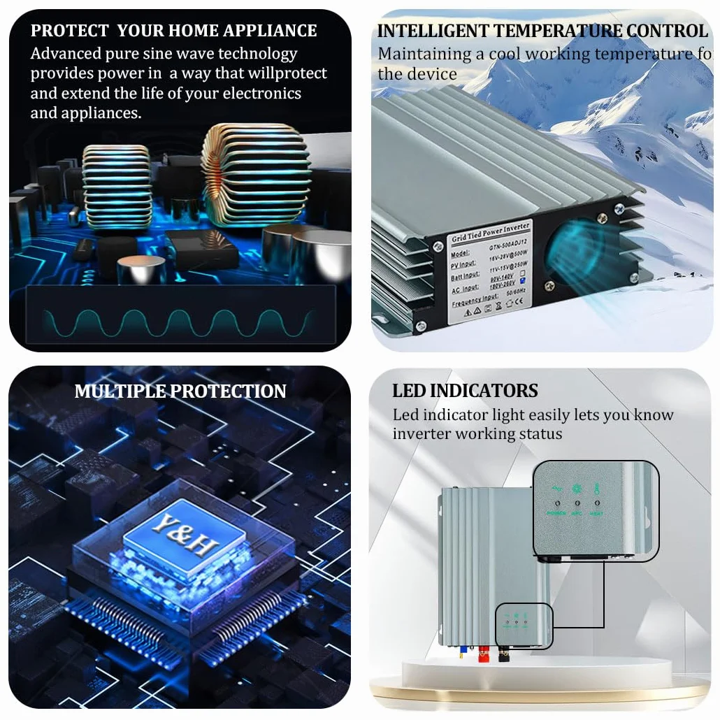 Y&H Inverter solare da 500 W, MPPT Grid-Tie Micro, uscita AC230 V, inverter accoppiato a energia solare per pannelli solari, scarica batteria da 12 V, 30 W-250 W regolabile