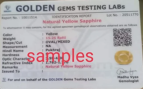 Zaffiro giallo 11,25 Ratti 10,00 carati pietra Pukhraj certificata testato in laboratorio