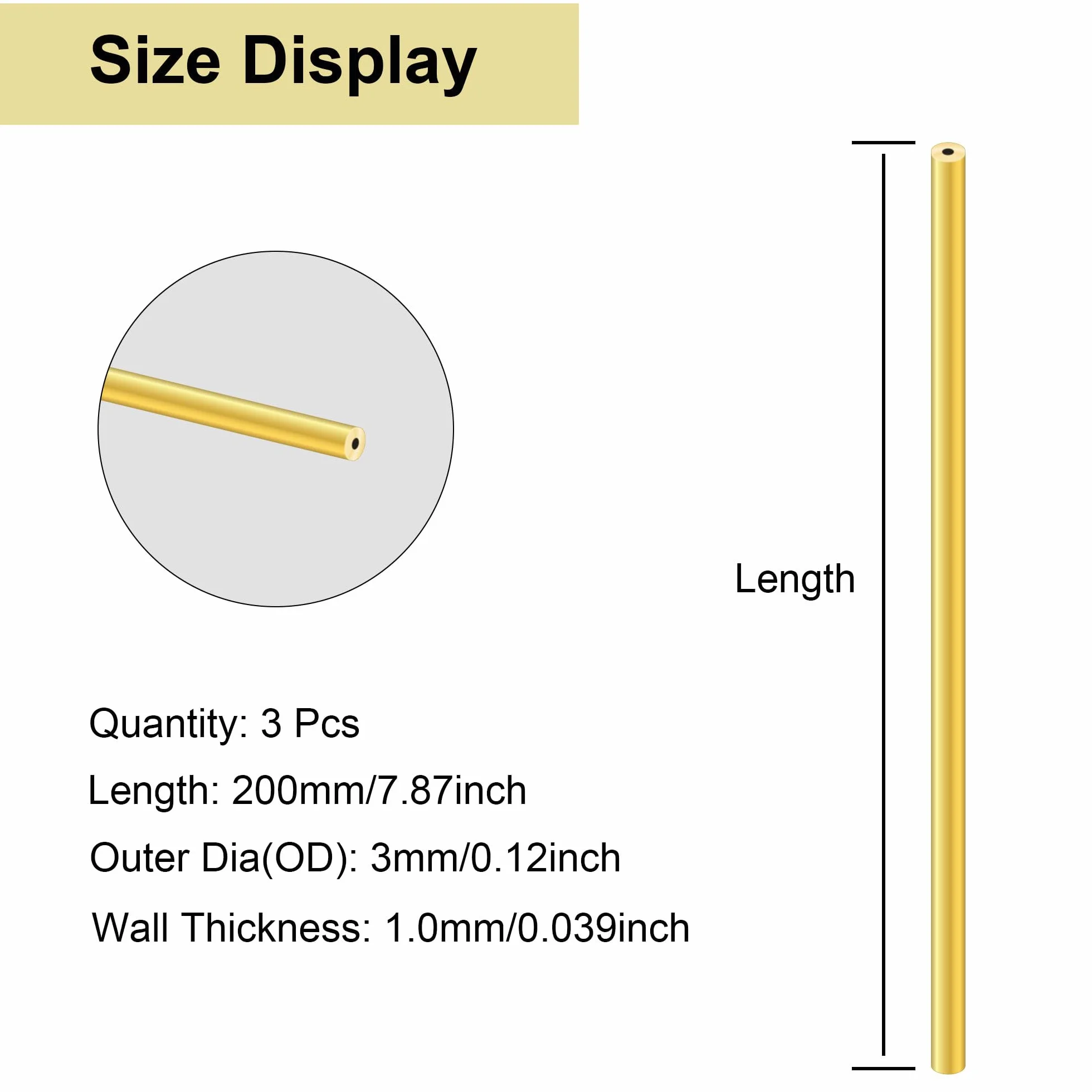 Tubo rotondo in ottone 3 mm x 1 mm x 200 mm senza cuciture 3 pezzi