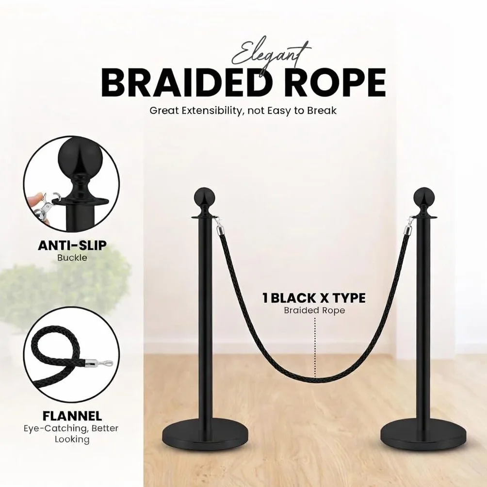 Pali distanziatori in acciaio inox nero, 2 pezzi, 90 cm di altezza, con corda nera da 1,5 m, connessione a 4 vie, base da 31 cm di diametro, controllo della folla