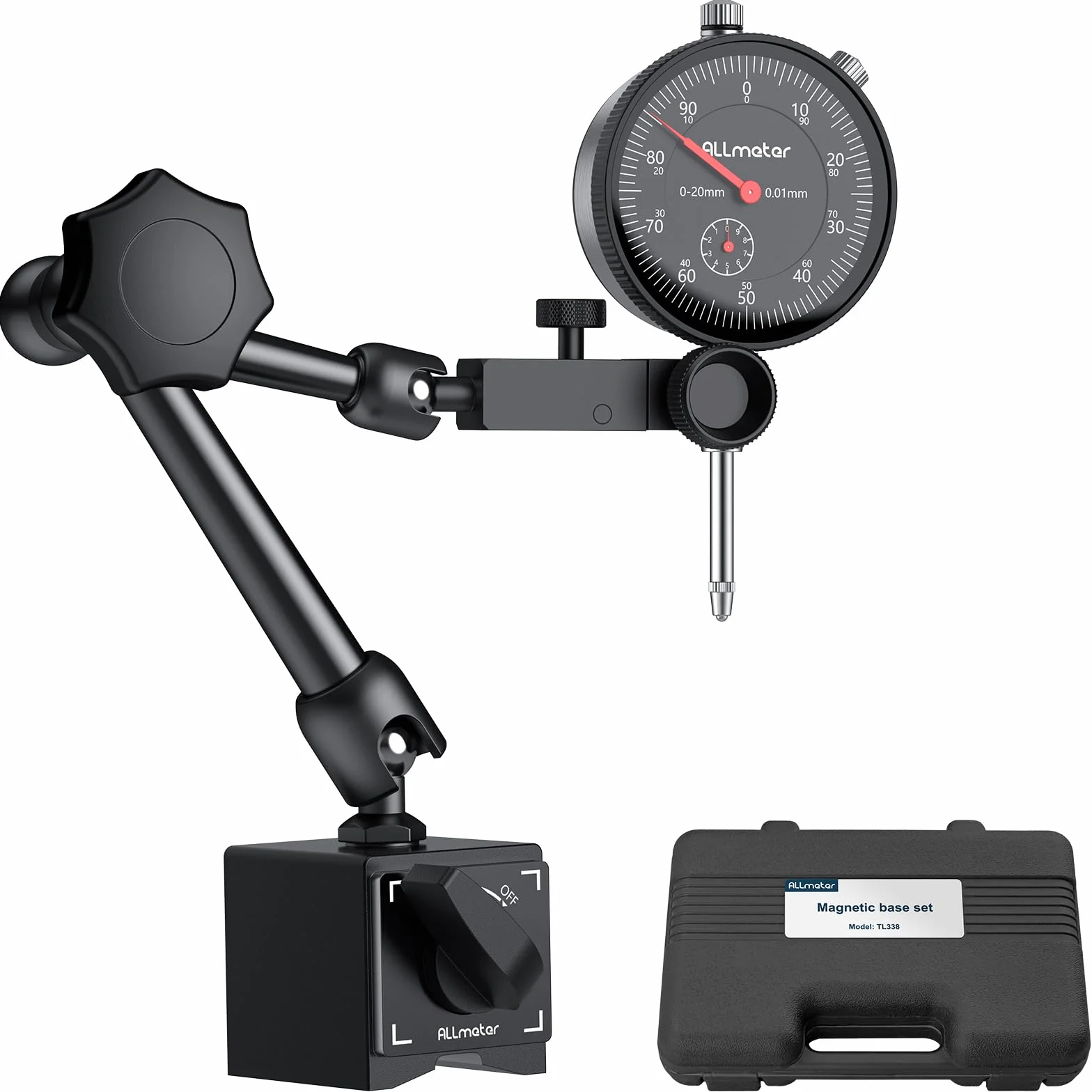 Comparatore Centesimale 0-20mm con Base Magnetica 60kg, Indicatore Meccanico di Precisione 0.01mm, Supporto Regolabile a 3 Snodi per Tornio Fresatrice Allineamento Misure Officina Meccanica