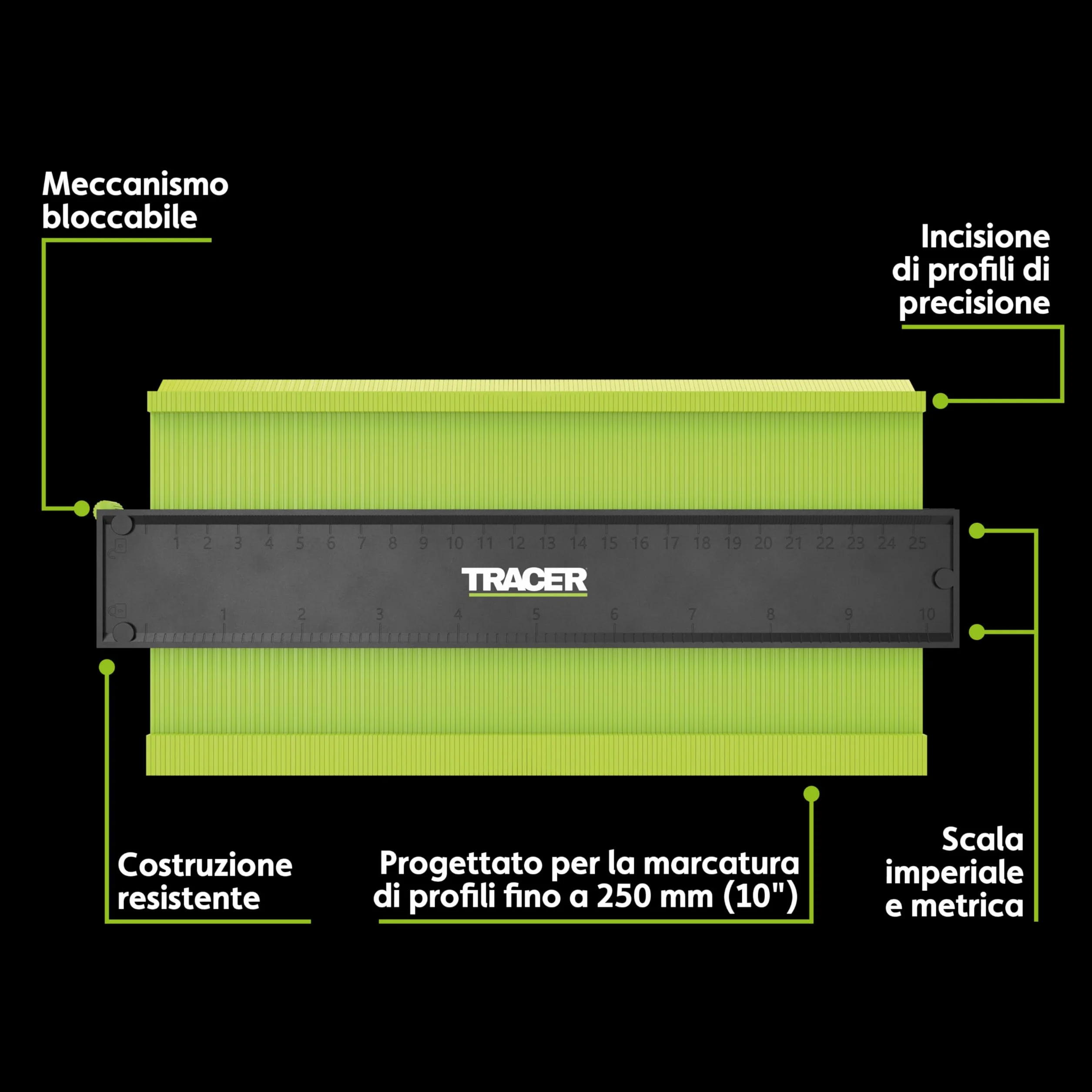 TRACER - Calibro per contorni, 250 mm, con matita per lavori di costruzione con fori profondi, set di matite per carpentieri
