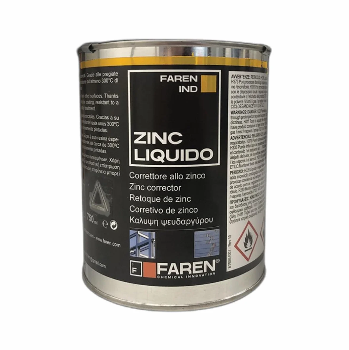 Faren ZINC Zincante Liquido a Freddo Zinco Micronizzato Puro 98% Protezione 21 Micron Resistenza Temperatura 300°C 750ml