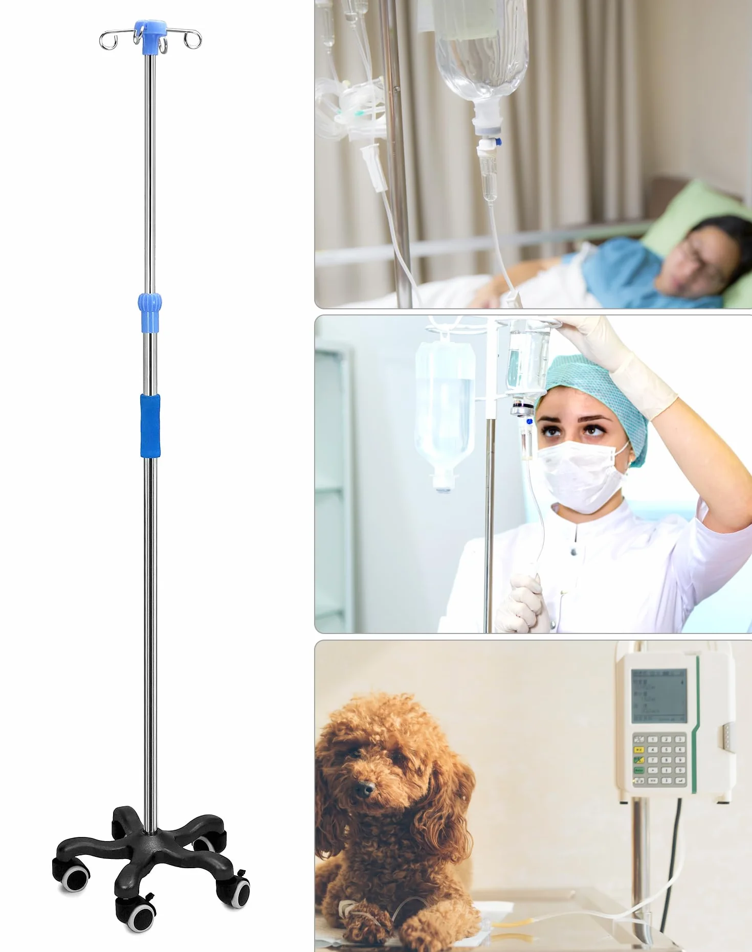 QWORK® Supporto per infusione con ruote, con 4 ganci, per ospedale e casa, acciaio inossidabile, regolabile in altezza