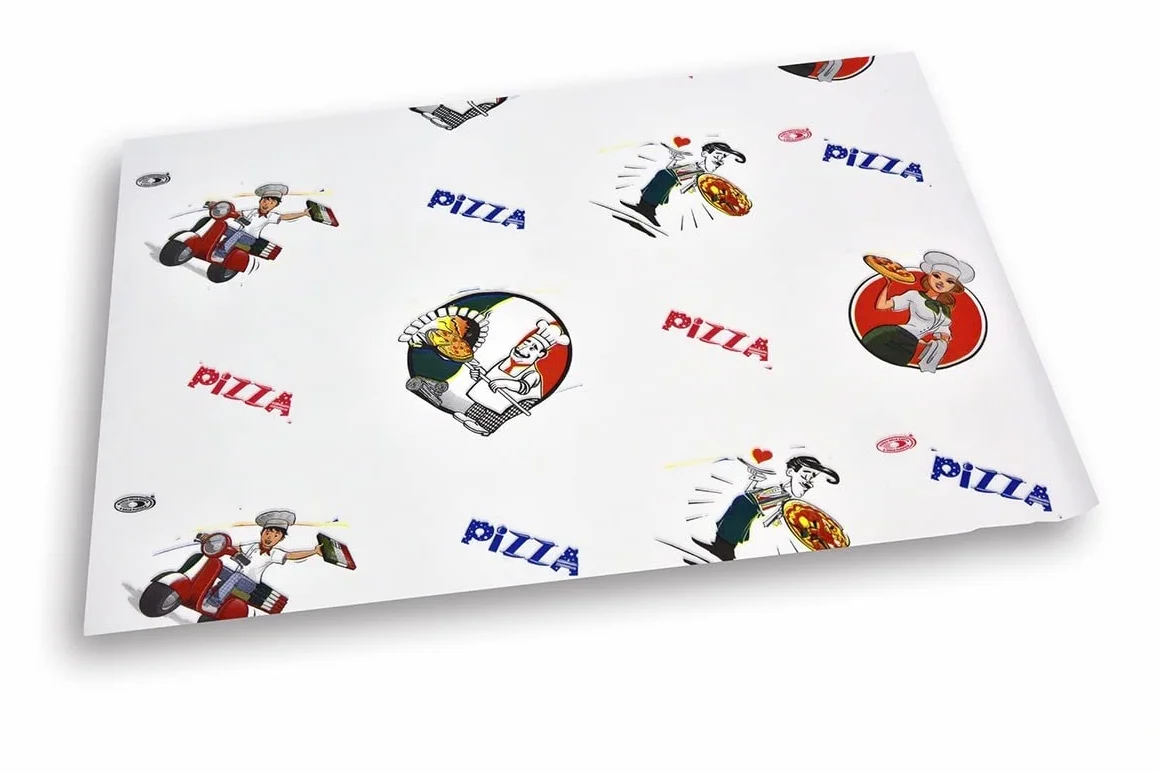 Carta politenata da gr. 45+9 Pe stampata con logo “Pizza” - Formato cm. 25x37 - Scatola da Kg. 10 (circa 2000 fogli)