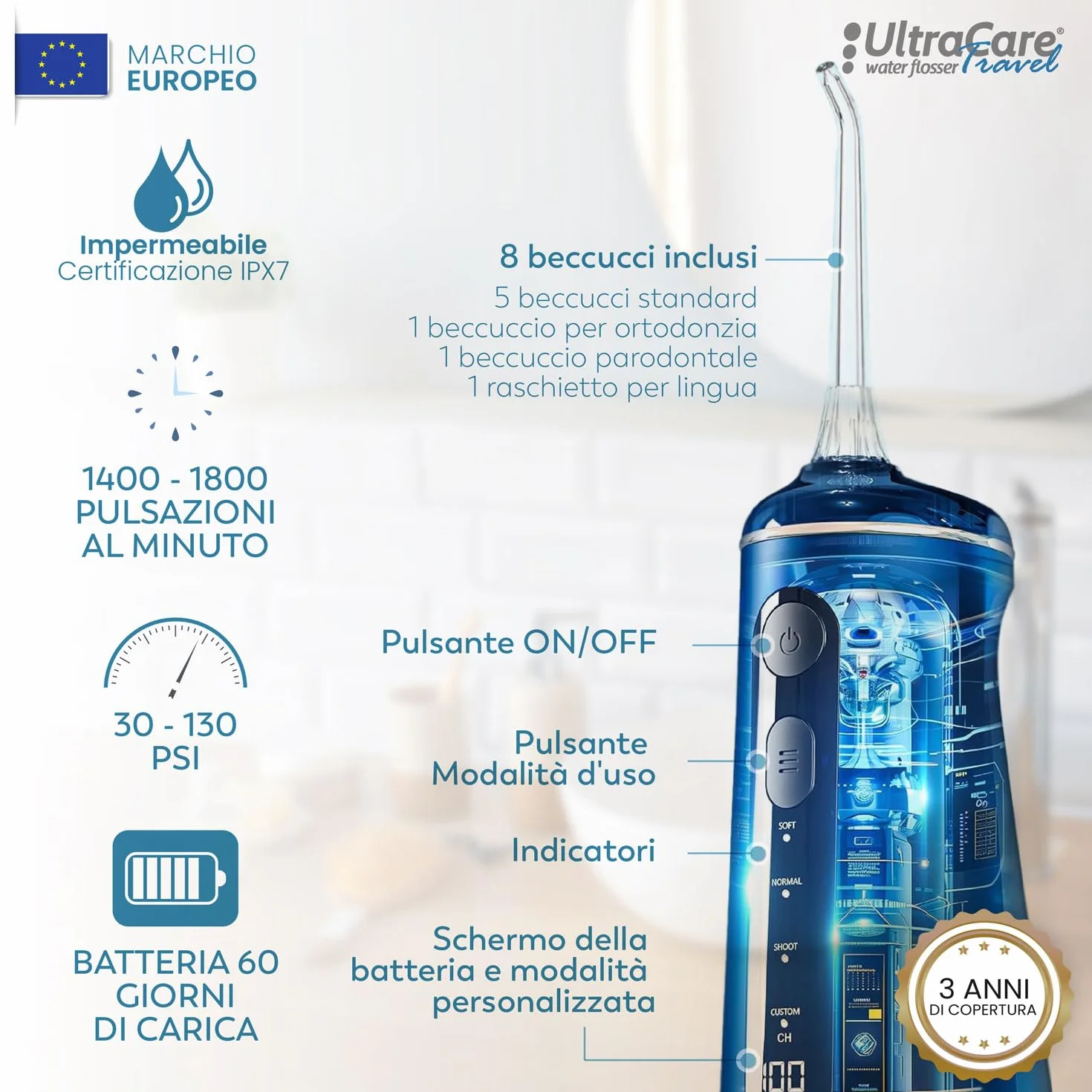 Idropulsore orale portatile UltraCare, professionale senza fili, impermeabile IPX7, 300 ml, ricaricabile USB-C