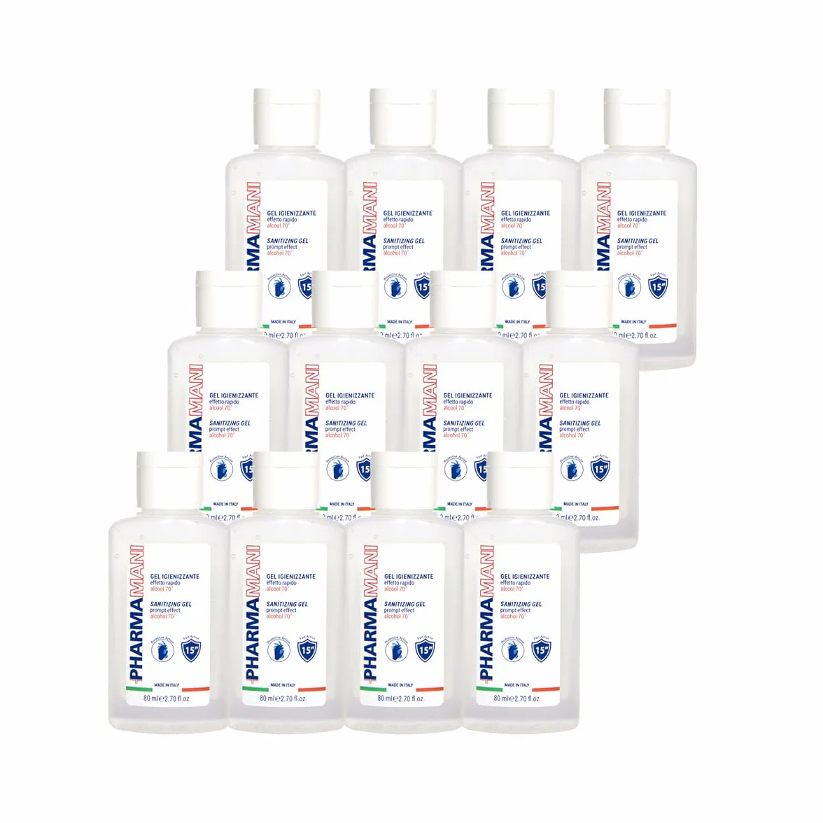 Pharmamani KIT 12 PEZZI GEL IGIENIZZANTE MANI 80 ml 70% Alcool Effetto Rapido Non appiccica