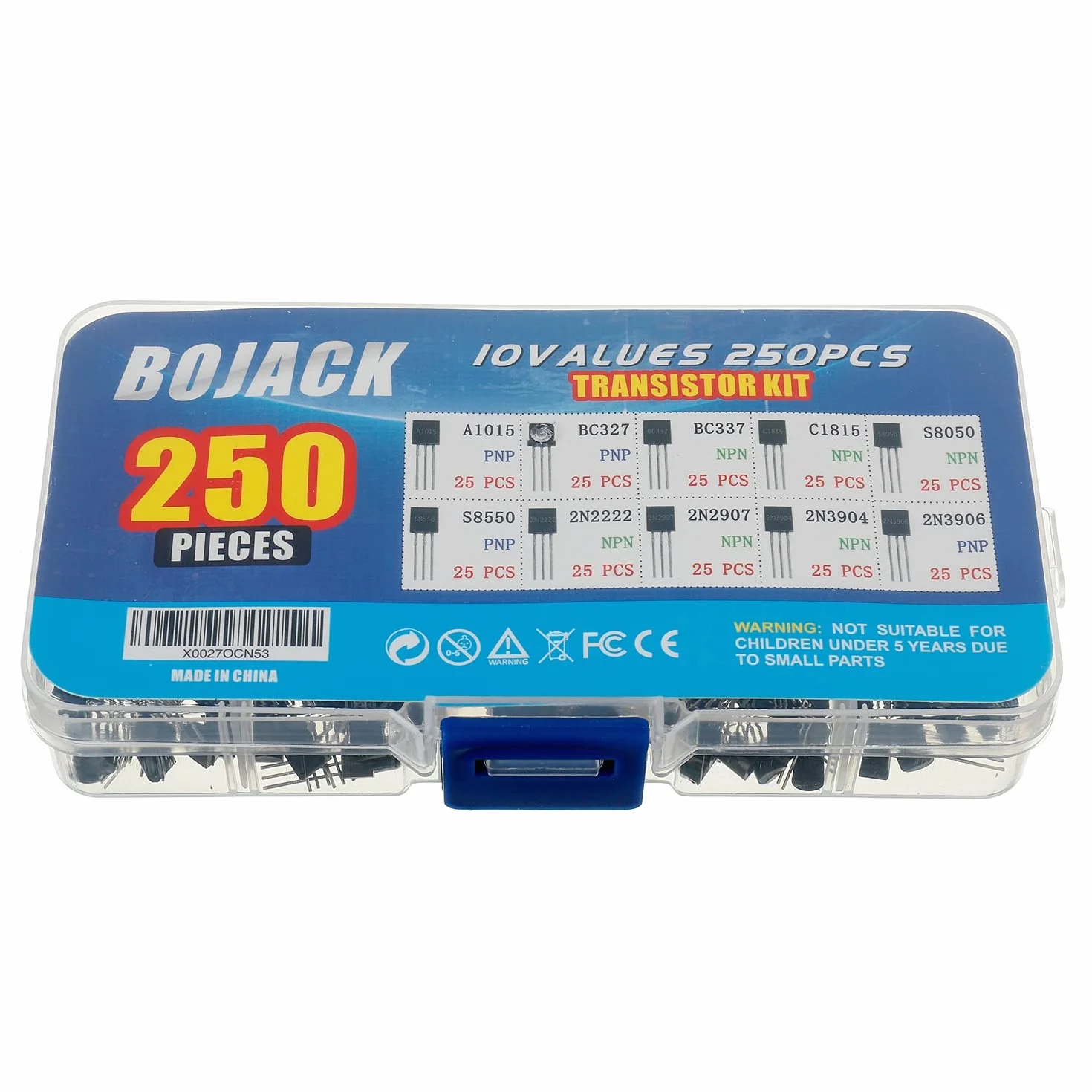 Bojack Kit di transistor di potenza assortiti 250 pezzi 10 Valori PNP NPN A1015 BC327 BC337 C1815 S8050 S8550 2N2222 2N2907 2N3904 2N3906