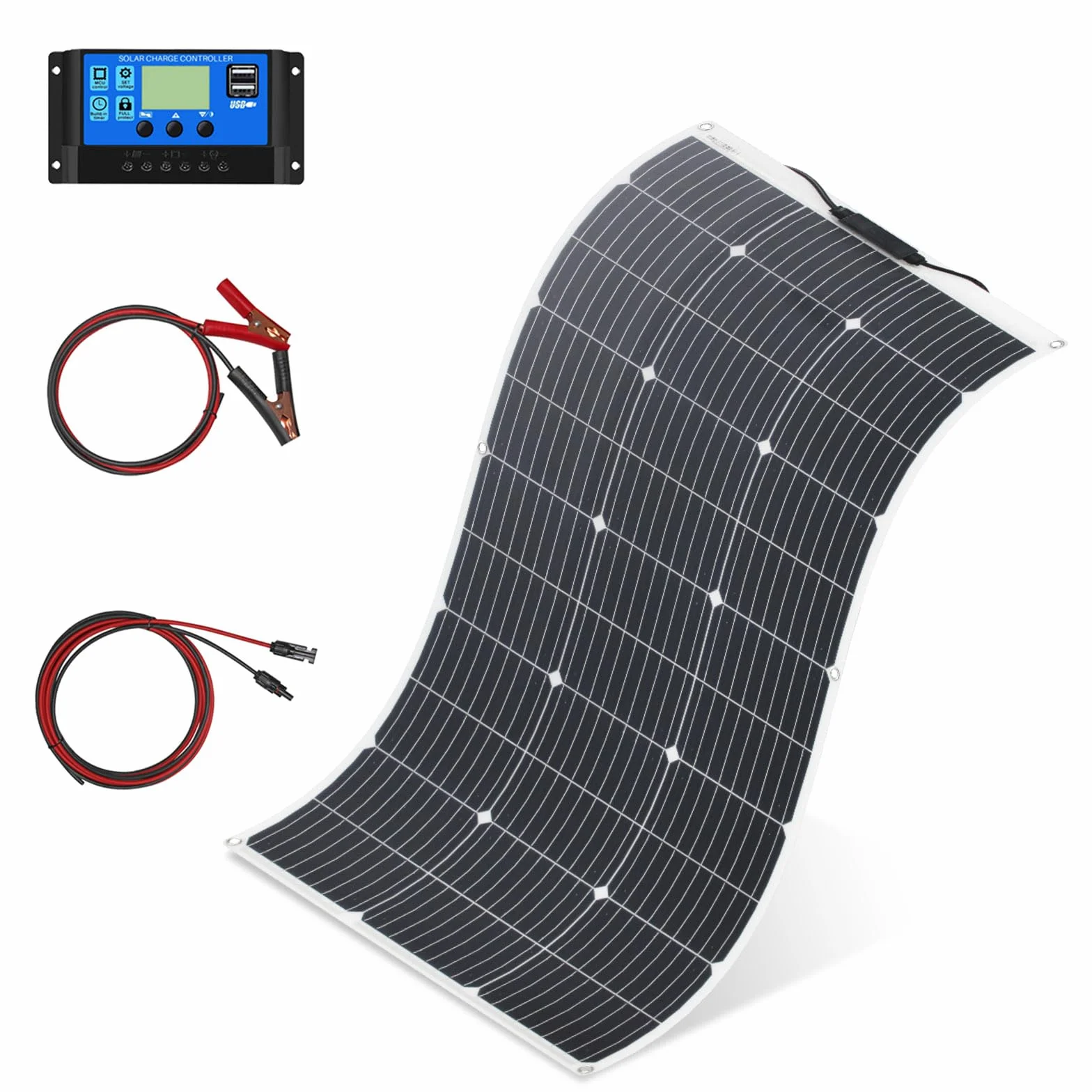 100W Flessibile Pannello Solare Kit Monocristallino carica Solare con controller 10A, uscita USB per caricare batterie 12V 24V(GEL AGM) per camper, roulotte, barche, tetti