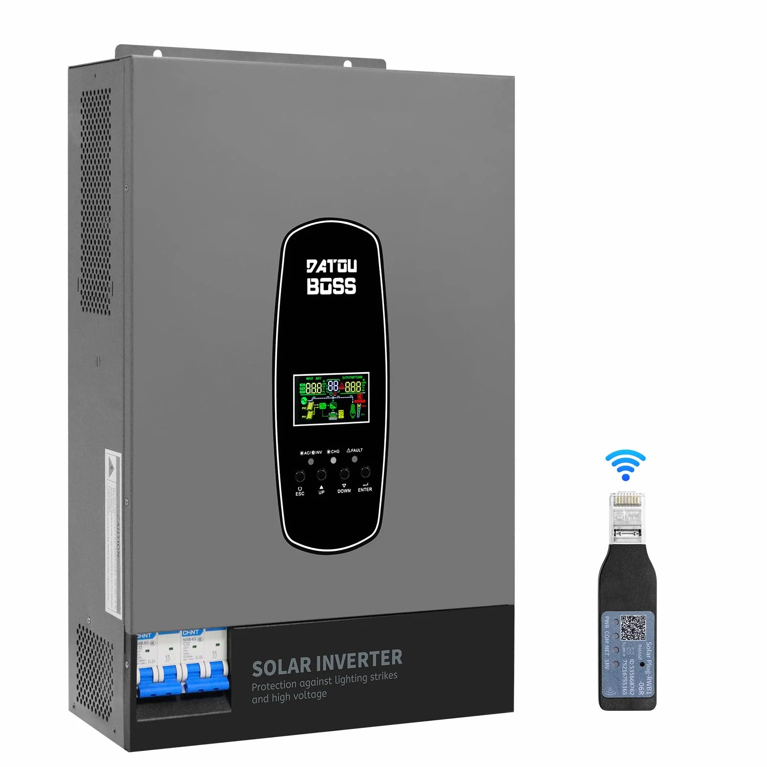 DATOUBOSS 6200W Inverter Ibrido Solare 48V, Onda Pura, Array FV fino a 8500W, Potenza Inverter FV 6500W, Protezione da Fulmini, Avvio Senza Batteria, MPPT Integrato 120A, per Sistemi Off-Grid
