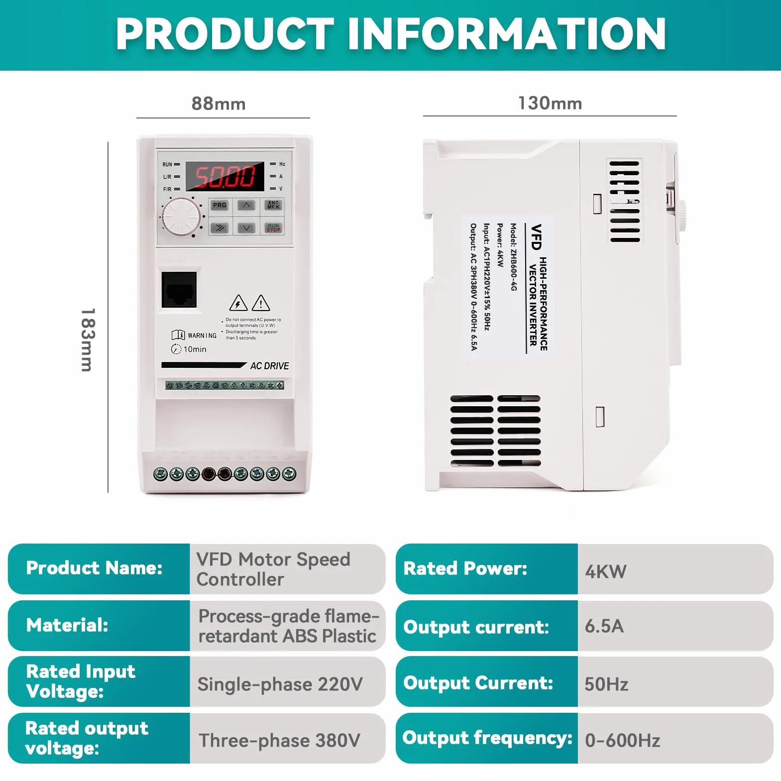 Inverter 220V Azionamento a Frequenza Variabile 4KW VFD convertitore di frequenza Entrata monofase 220V uscita trifase 380V Regolatore di velocità motore CNC ZHB600-4KW cavo di prolunga da 2m