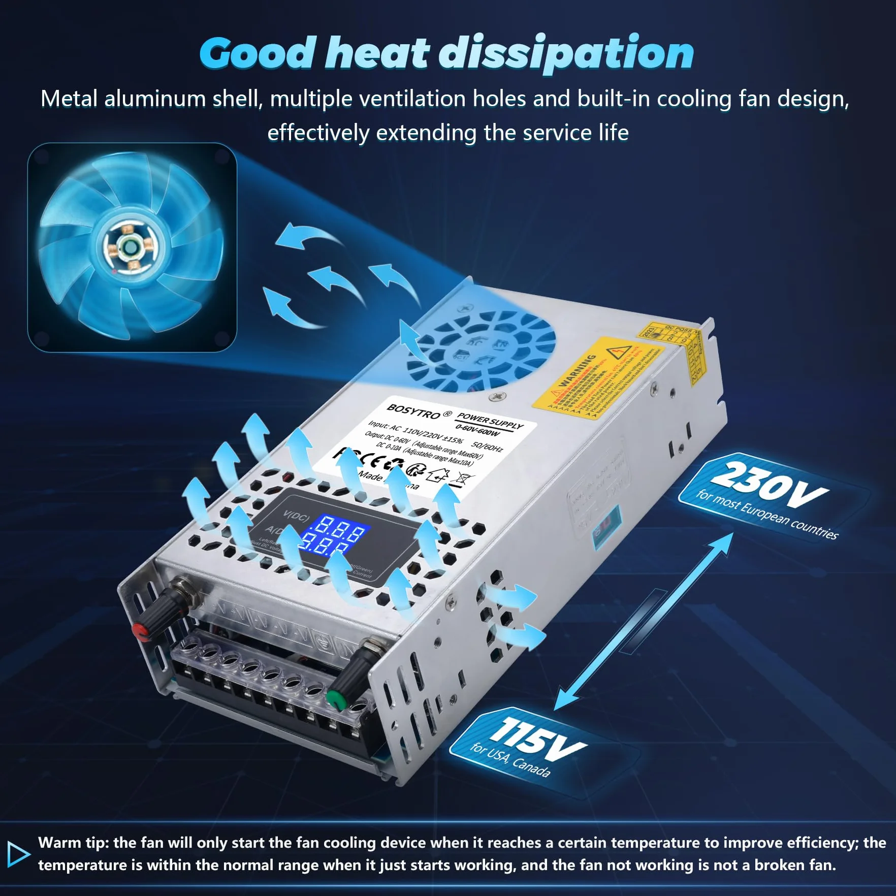 Regolabile Trasformatore AC110/220V DC 0-60V 0-10A 600W tensione display digitale Alimentazione switching regolata DC Adatto per motori di controllo della velocità,sistemi di stampanti 3D