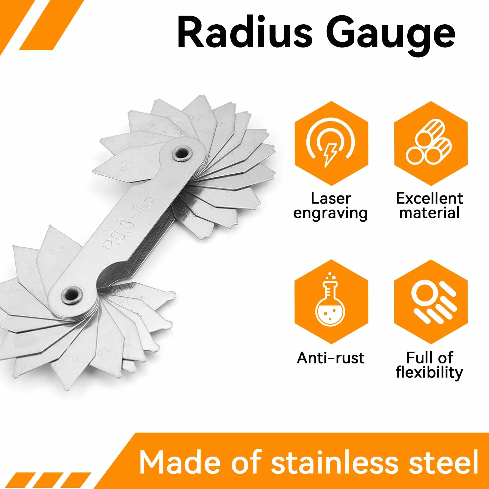 Set di Calibri per Raggio in Acciaio Inox, Strumento di Misura Convesso Concavo R0.3-1.5/R1-6.5/R7-14.5/R15-25