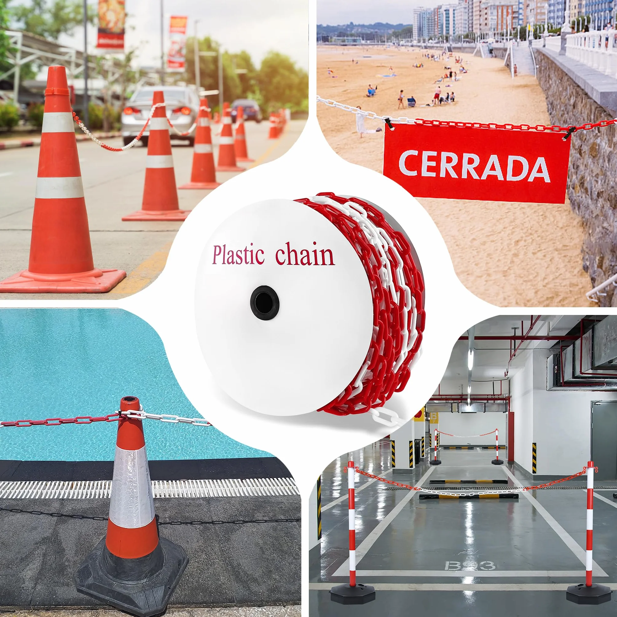 Froadp Catena di sicurezza in plastica, 50 m, colore rosso, bianco, diametro 6 mm, catena di sicurezza per cantieri, parcheggio, catena per bloccare superfici