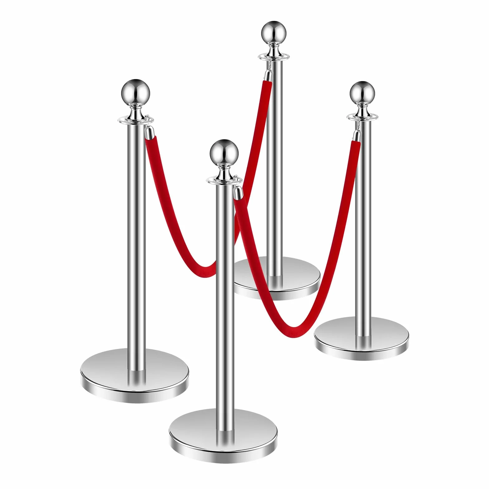 VEVOR Paletto di Sostegno Set di 4 Barriere Controllo Folla Corde Velluto Rosso Acciaio Inox 1,5 m Base Cava