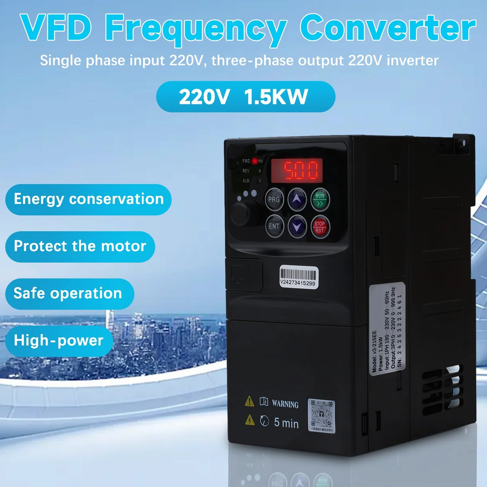 1.5KW Inverter per motori trifase 220V Ingresso monofase 220v Uscita trifase 220 Variatore di frequenza VFD quadro elettrico rimovibile modello V3-215EE (con cavo di prolunga da 1,5m)